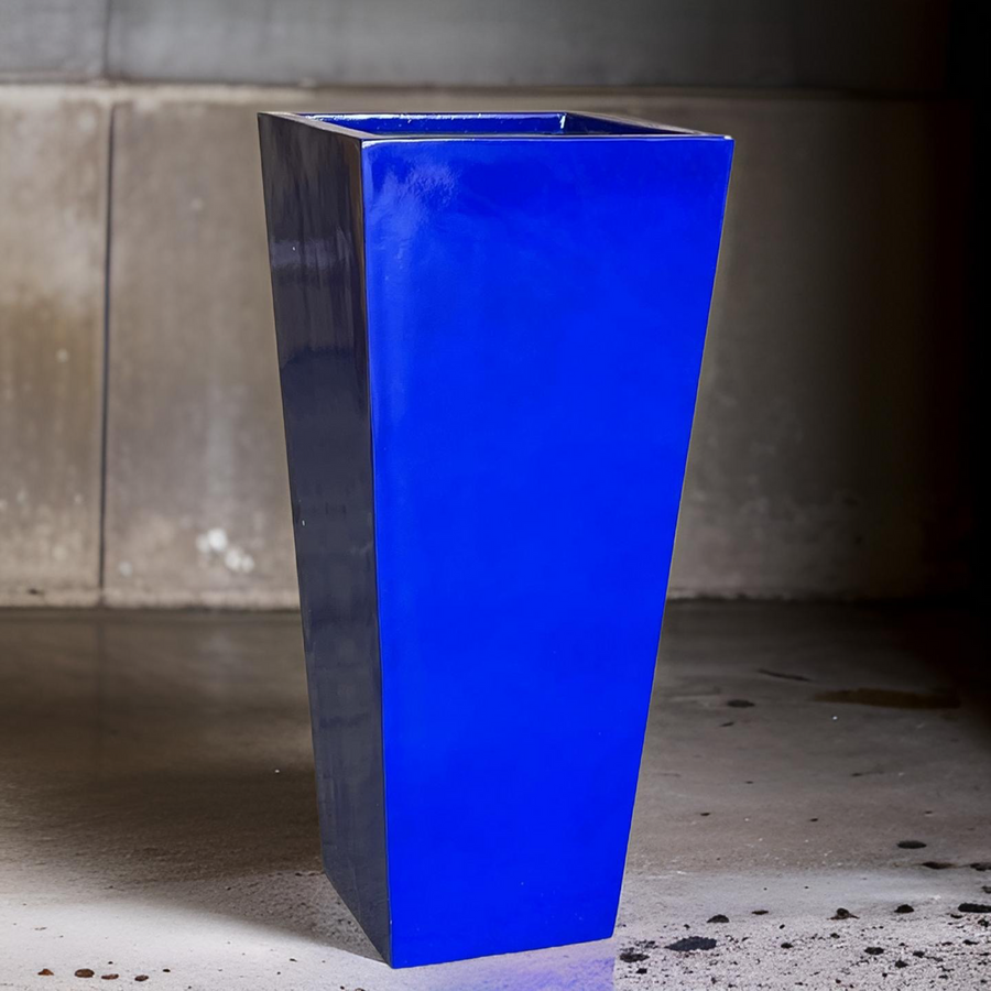 23-47 ‘’Tall Unique Fiberglass Planter Finished In Glossy Blue - In/outdoor Use