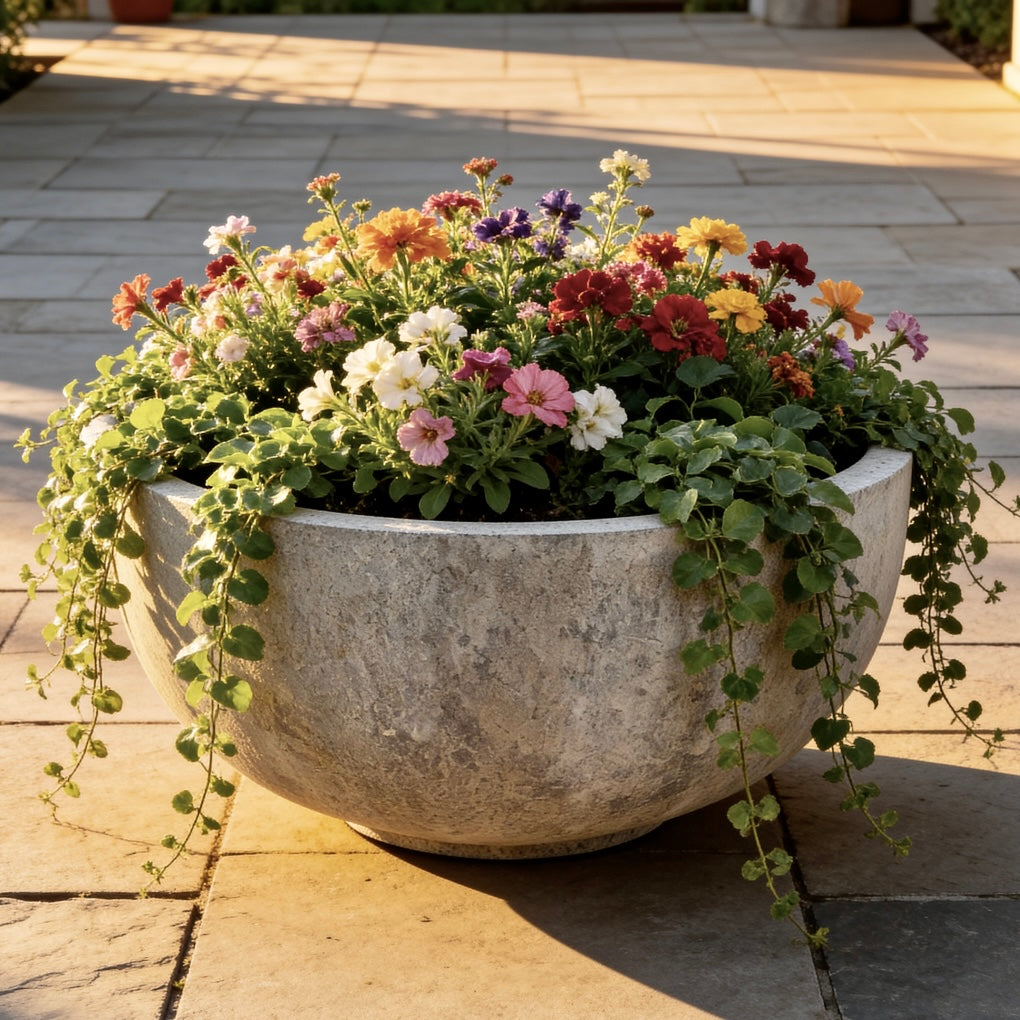 Old Stone Fiberglass Garden Planter Round Bowl Design