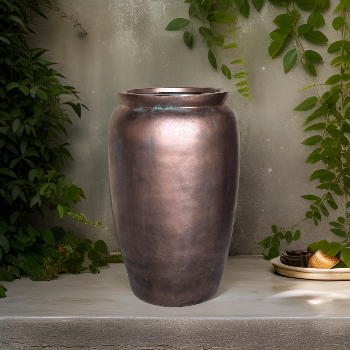 20-27 Inches tall fiberglass planter - copper patina