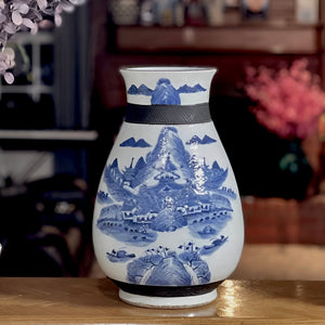 1940s - Vintage vase handmade beautiful with so much details stories -blue, white glazed