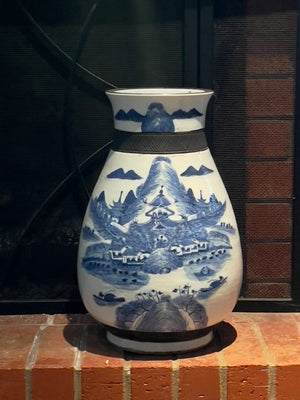 1940s - Vintage vase handmade beautiful with so much details stories -blue, white glazed