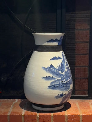 1940s - Vintage vase handmade beautiful with so much details stories -blue, white glazed