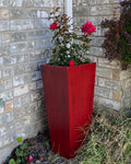 Antique Red Fiberglass Planter, Tall Garden Plant Pot, Contemporary Cubical Design