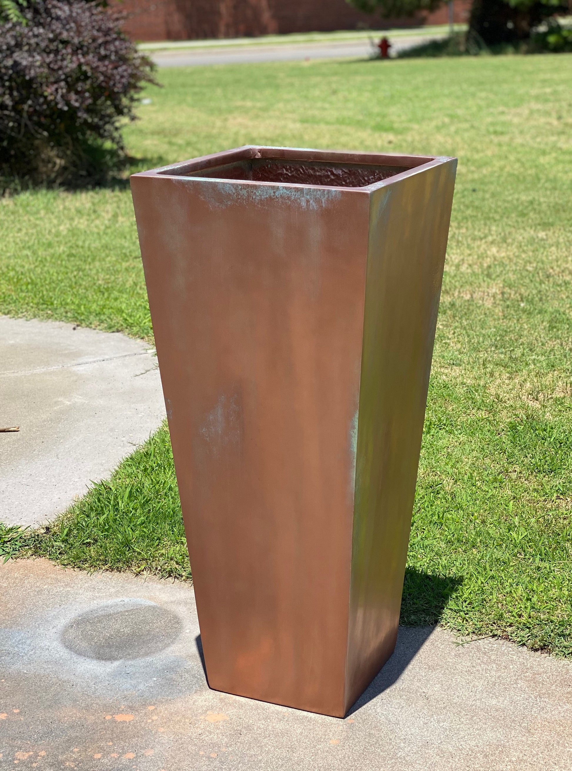 23-47 ‘’Tall Unique Fiberglass Planter Finished In Antique Copper - In/outdoor Use