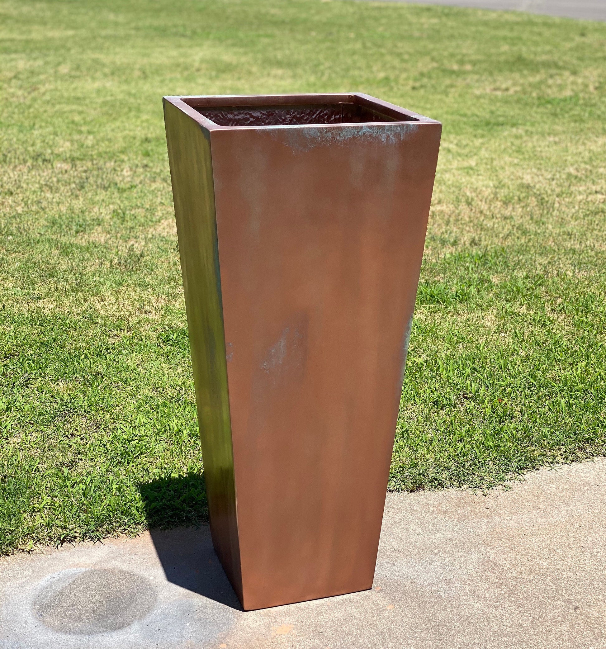 23-47 ‘’Tall Unique Fiberglass Planter Finished In Antique Copper - In/outdoor Use