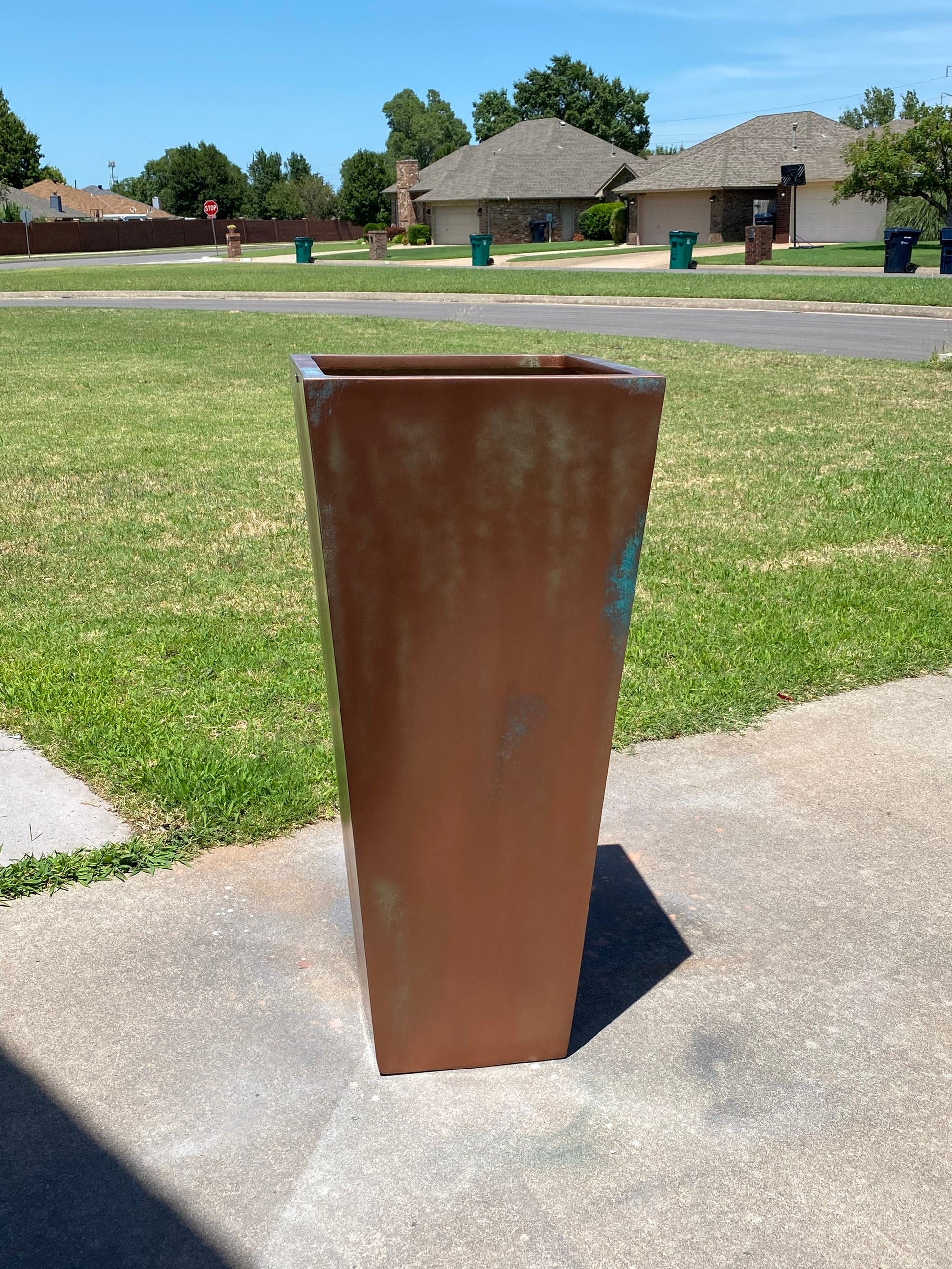 23-47 ‘’Tall Unique Fiberglass Planter Finished In Antique Copper - In/outdoor Use