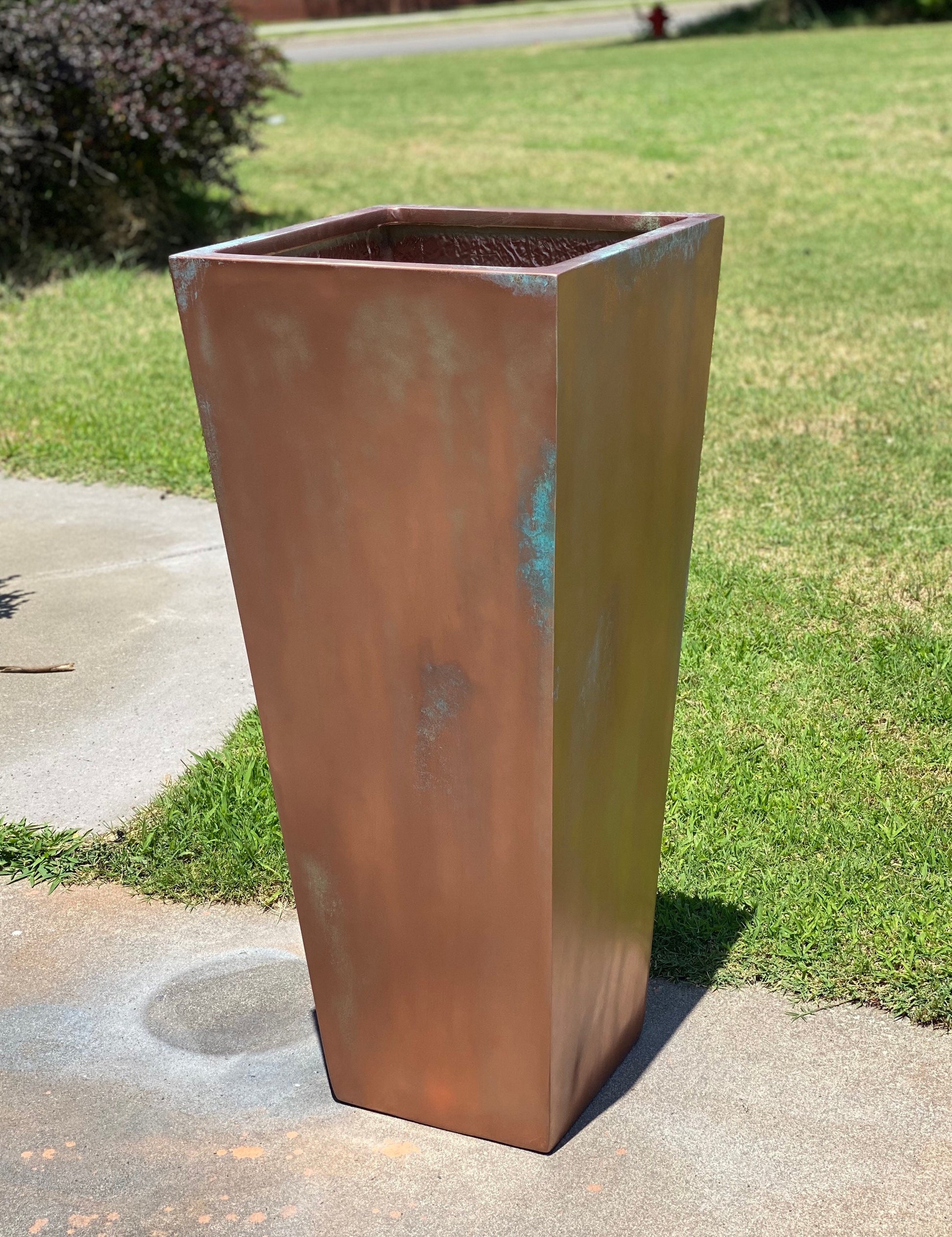 23-47 ‘’Tall Unique Fiberglass Planter Finished In Antique Copper - In/outdoor Use