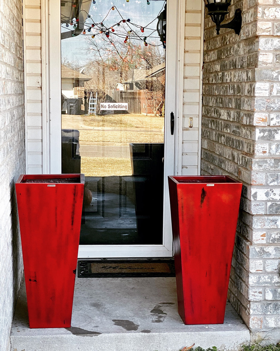 Antique Red Fiberglass Planter, Tall Garden Plant Pot, Contemporary Cubical Design