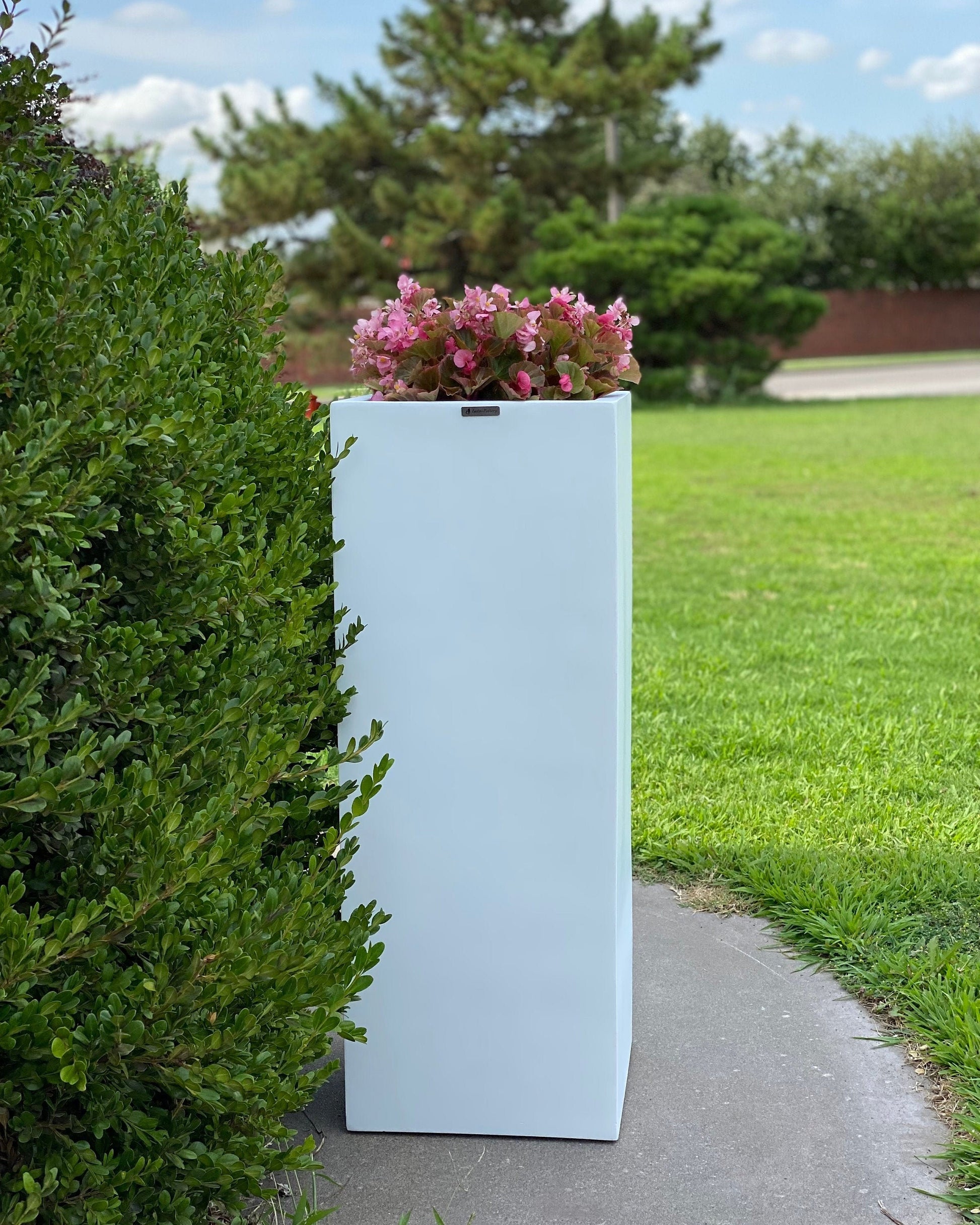 Matte White Fiberglass Planter: Tall Square Garden Pot