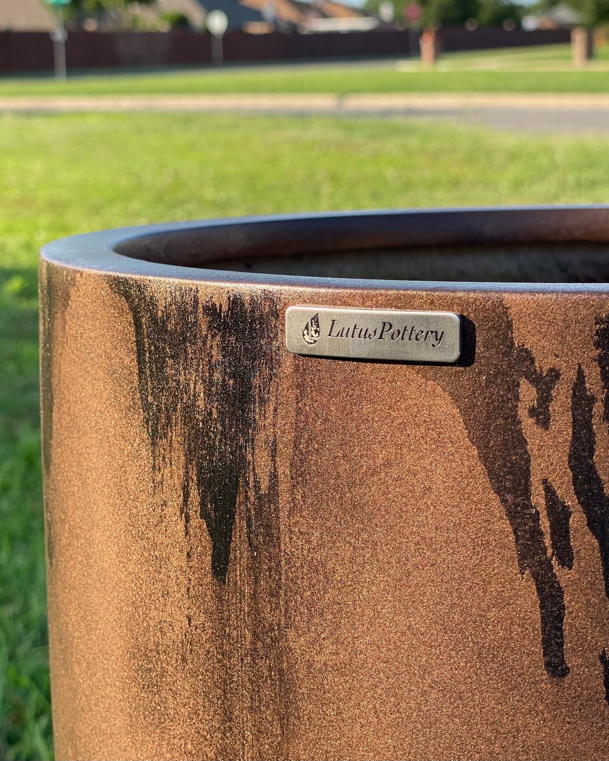 Tall Antique Bronze Fiberglass Planter: Modern Round Garden Decor