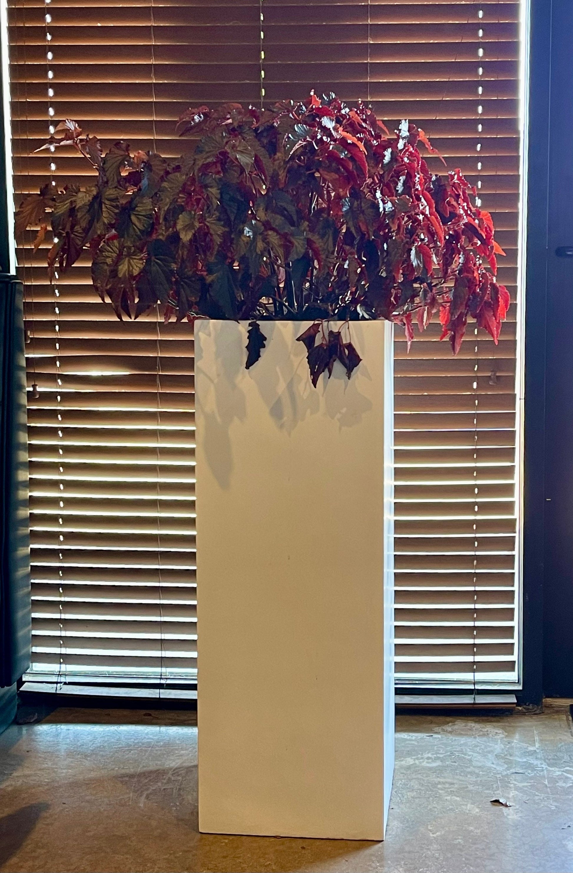 Matte White Fiberglass Planter: Tall Square Garden Pot