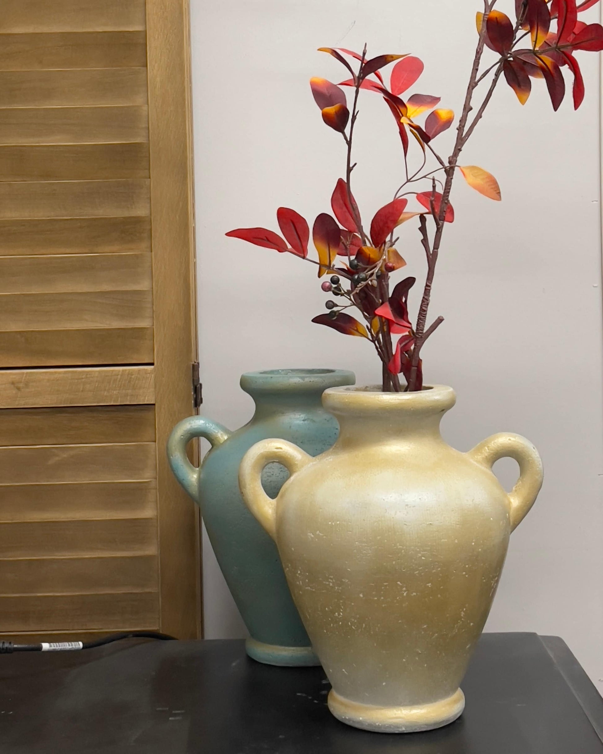 Handmade Concrete Vase with Handles - Antique Teal & Gold - 10 Inch