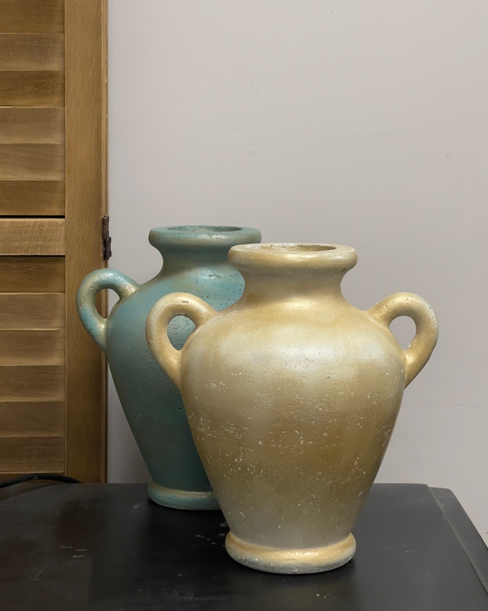 Handmade Concrete Vase with Handles - Antique Teal & Gold - 10 Inch