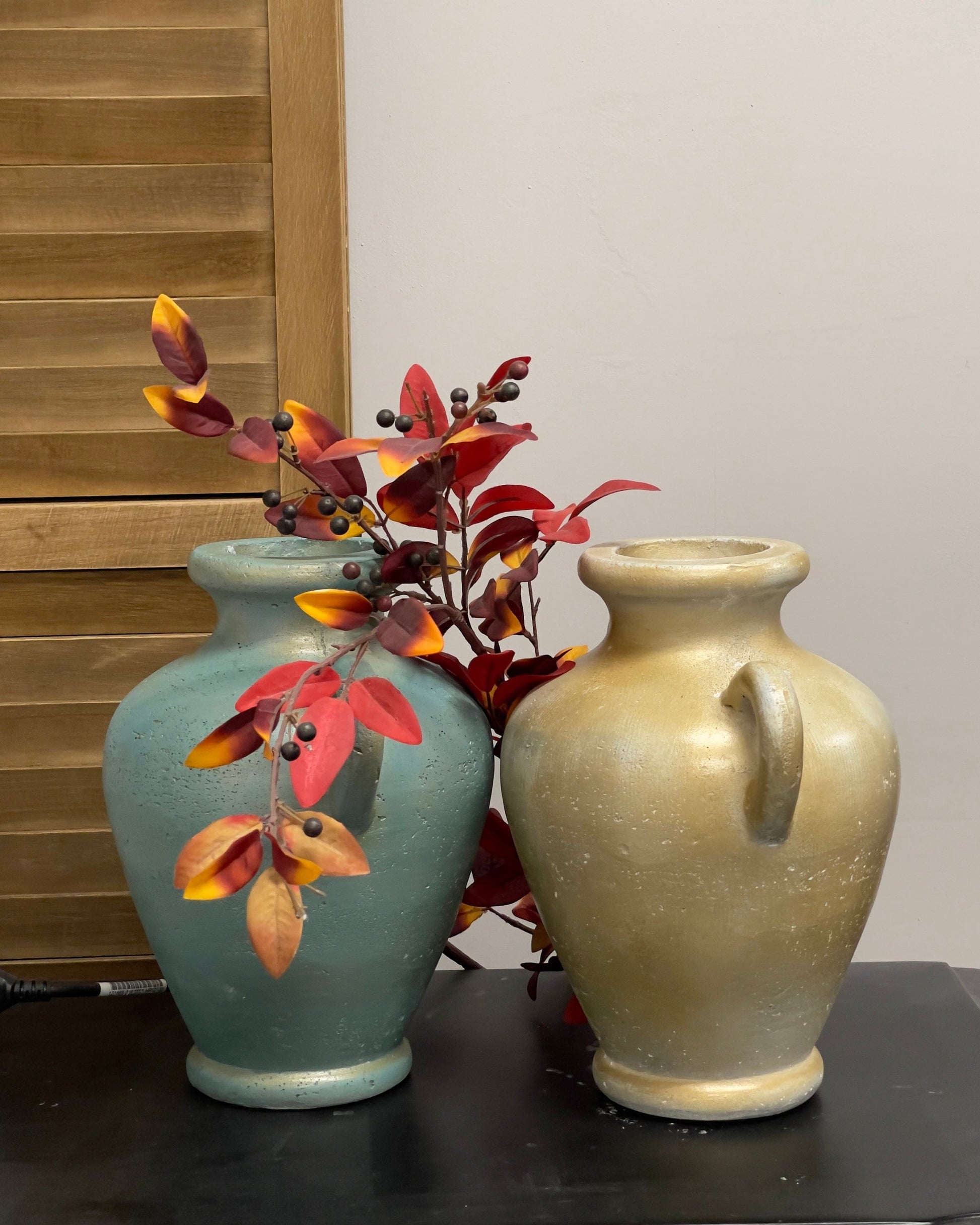 Handmade Concrete Vase with Handles - Antique Teal & Gold - 10 Inch