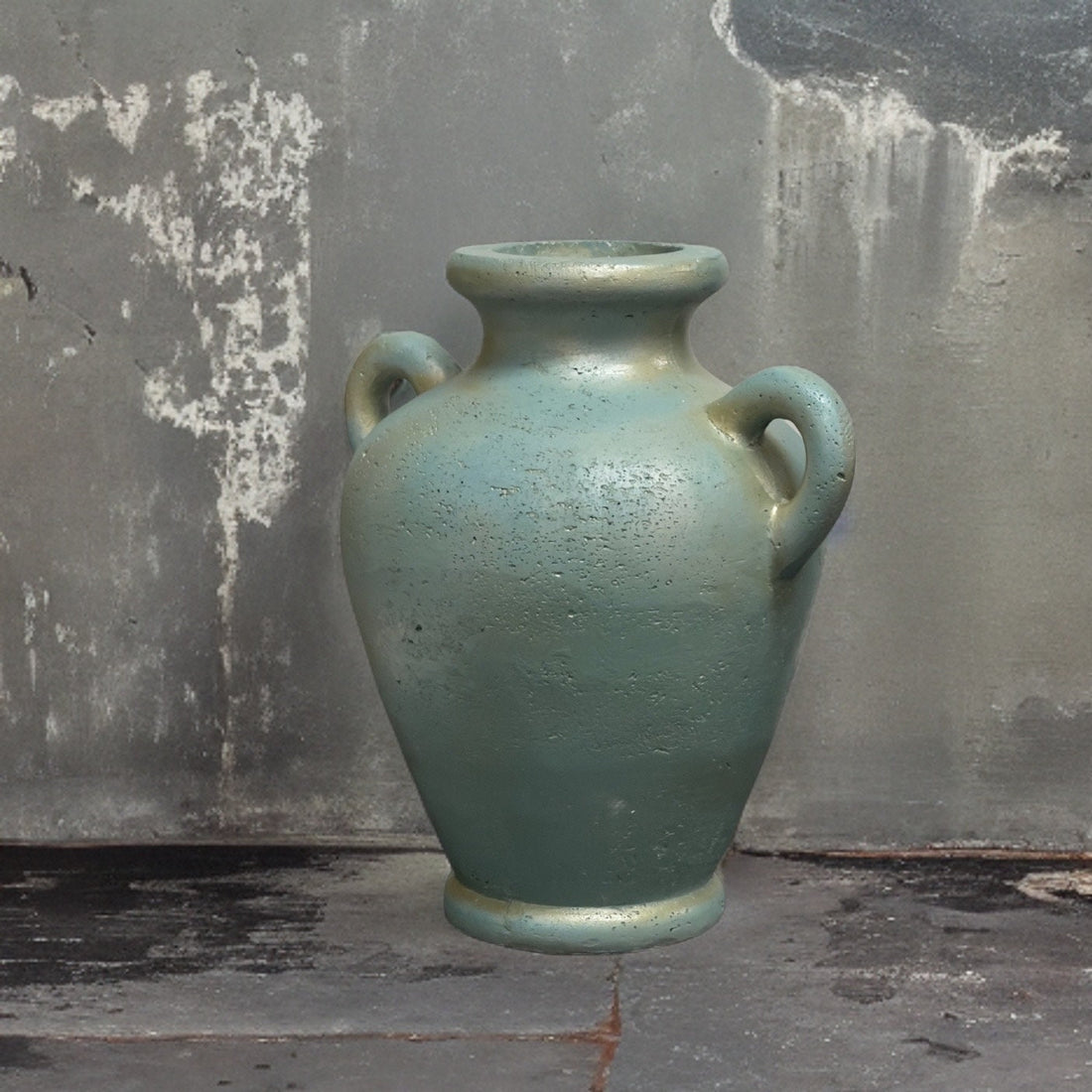 Handmade Concrete Vase with Handles - Antique Teal & Gold - 10 Inch