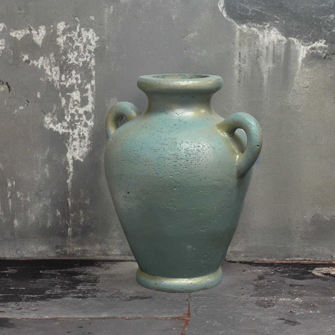 Handmade Concrete Vase with Handles - Antique Teal & Gold - 10 Inch