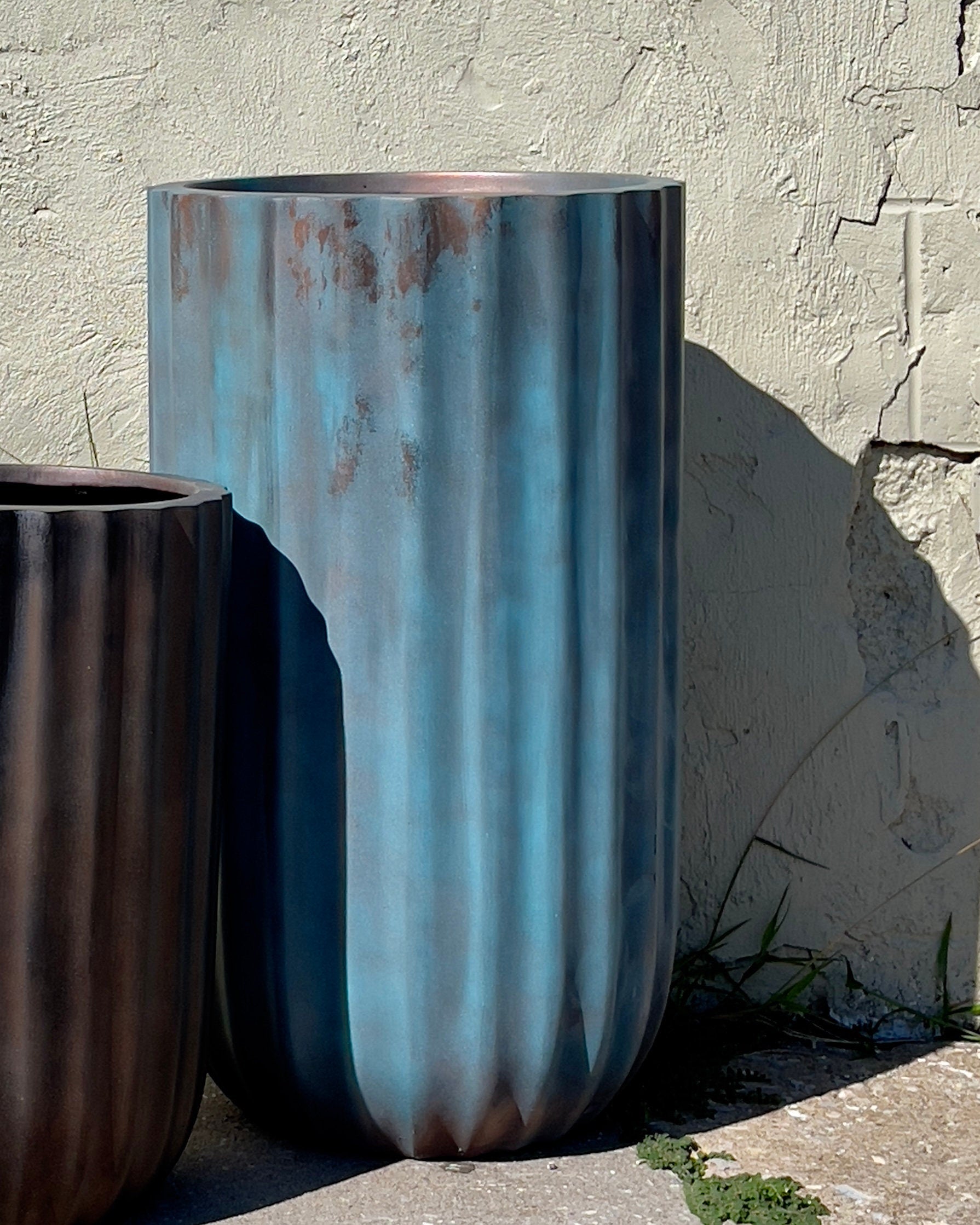 Tall Round Fiberglass Planter: Antique Blue or Copper Finish (20-35 Inches)