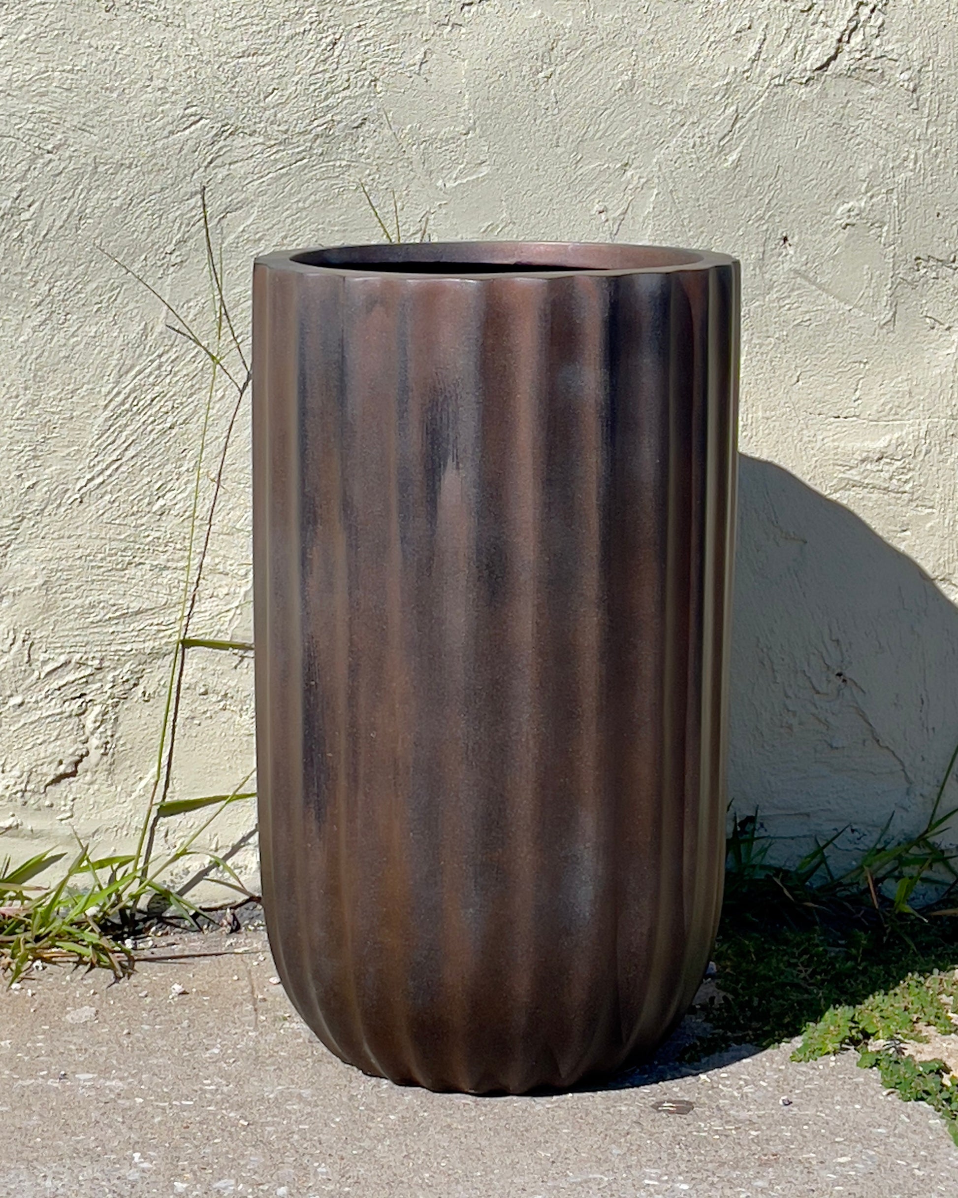 Tall Round Fiberglass Planter: Antique Blue or Copper Finish (20-35 Inches)