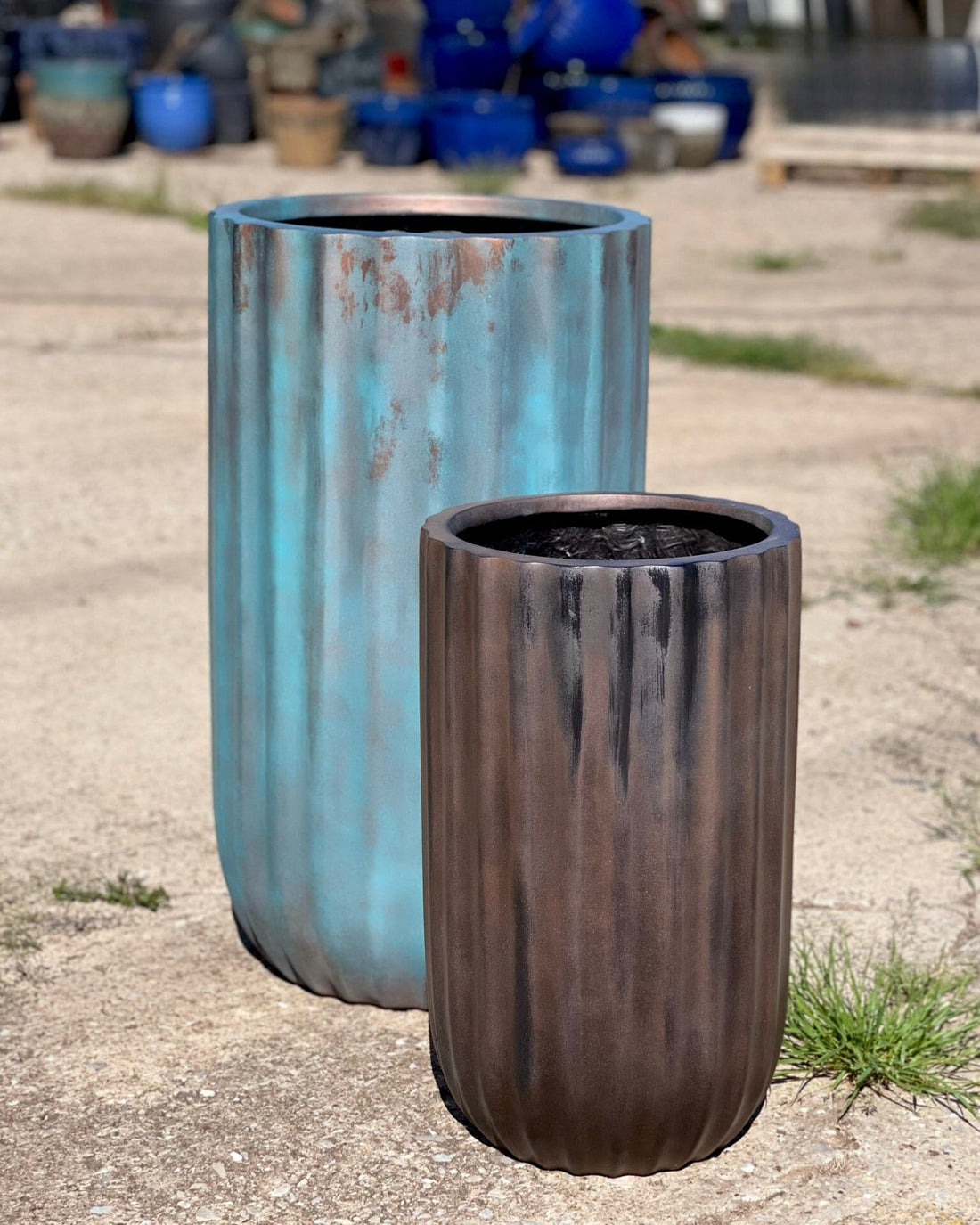 Tall Round Fiberglass Planter: Antique Blue or Copper Finish (20-35 Inches)