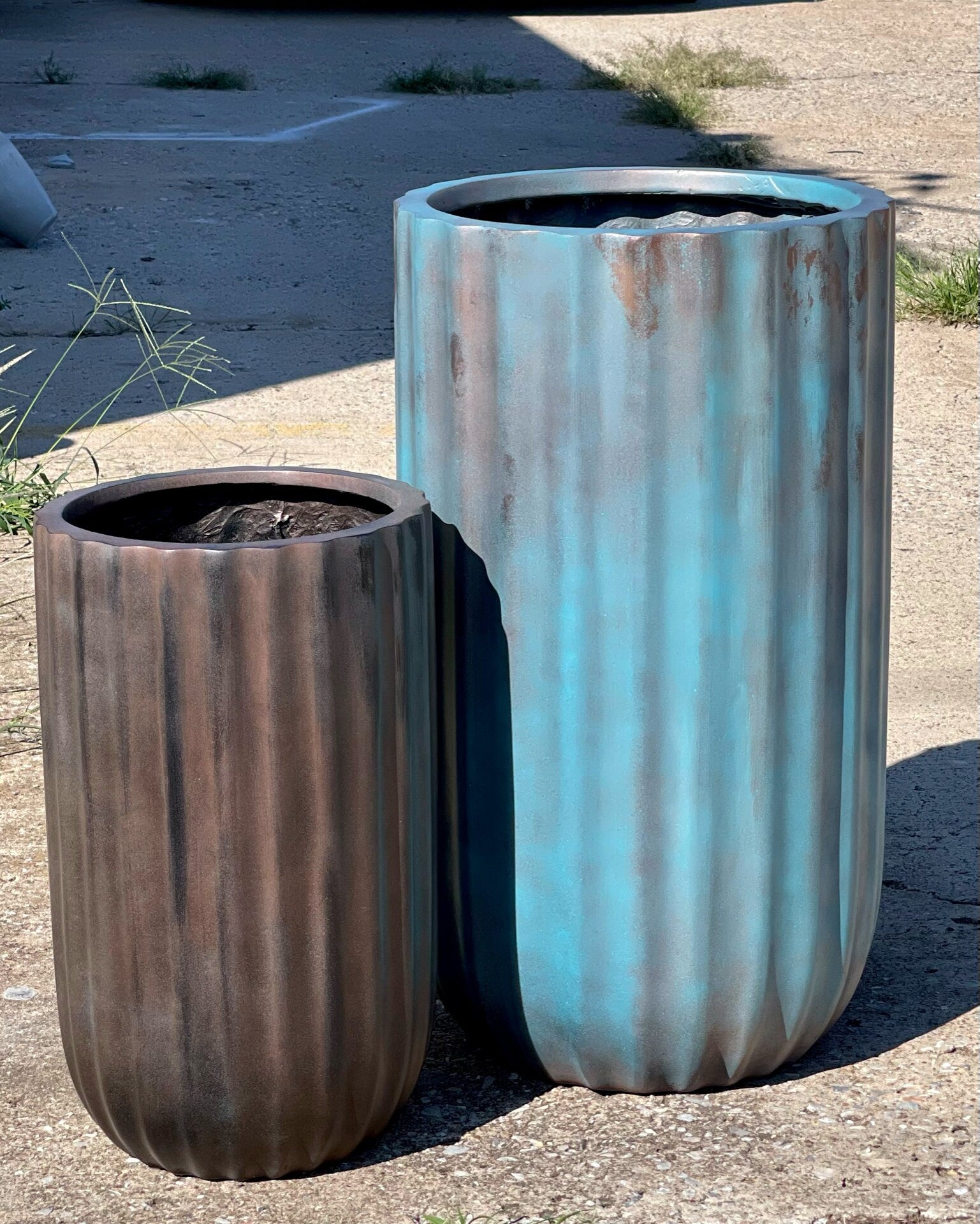 Tall Round Fiberglass Planter: Antique Blue or Copper Finish (20-35 Inches)