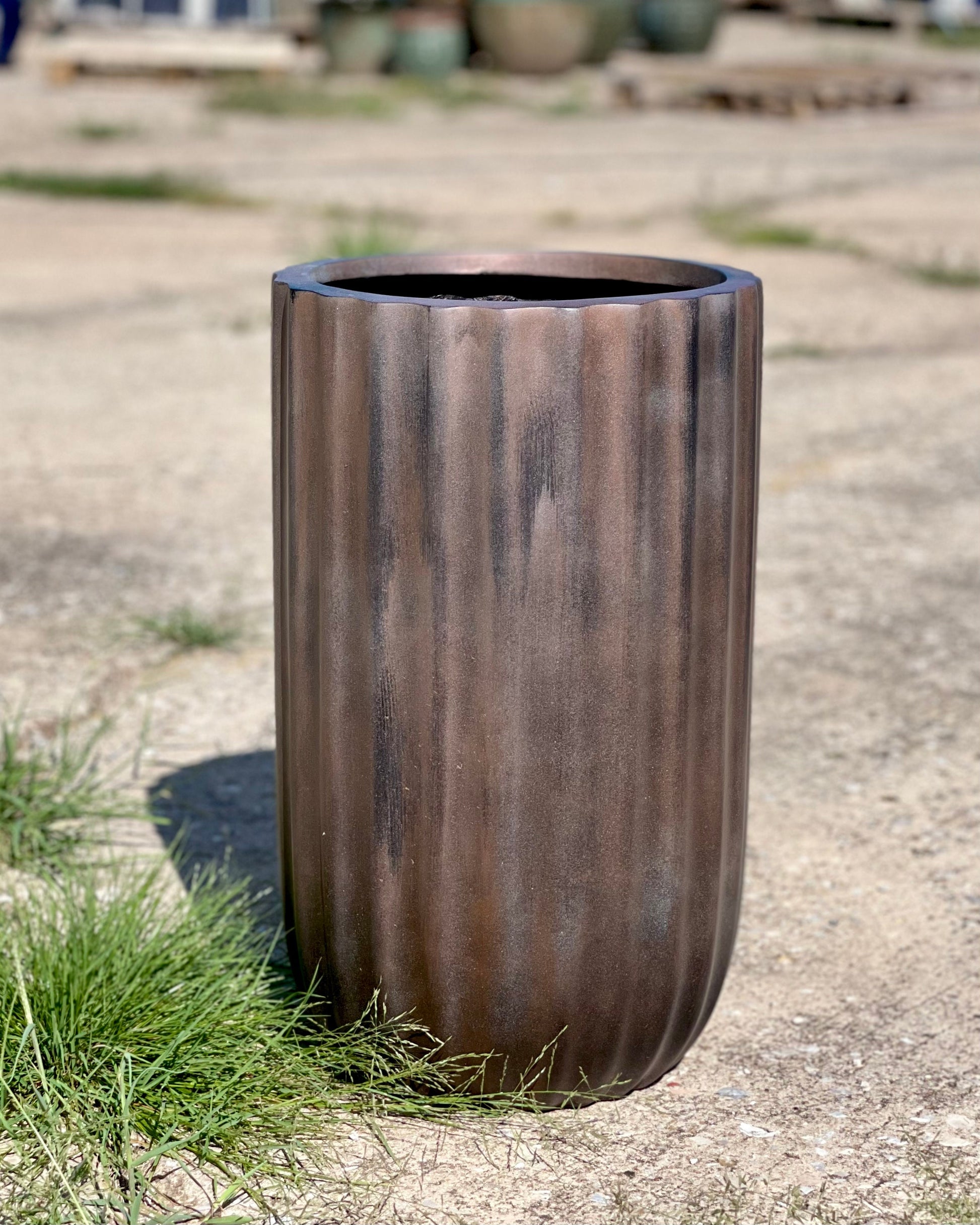 Tall Round Fiberglass Planter: Antique Blue or Copper Finish (20-35 Inches)