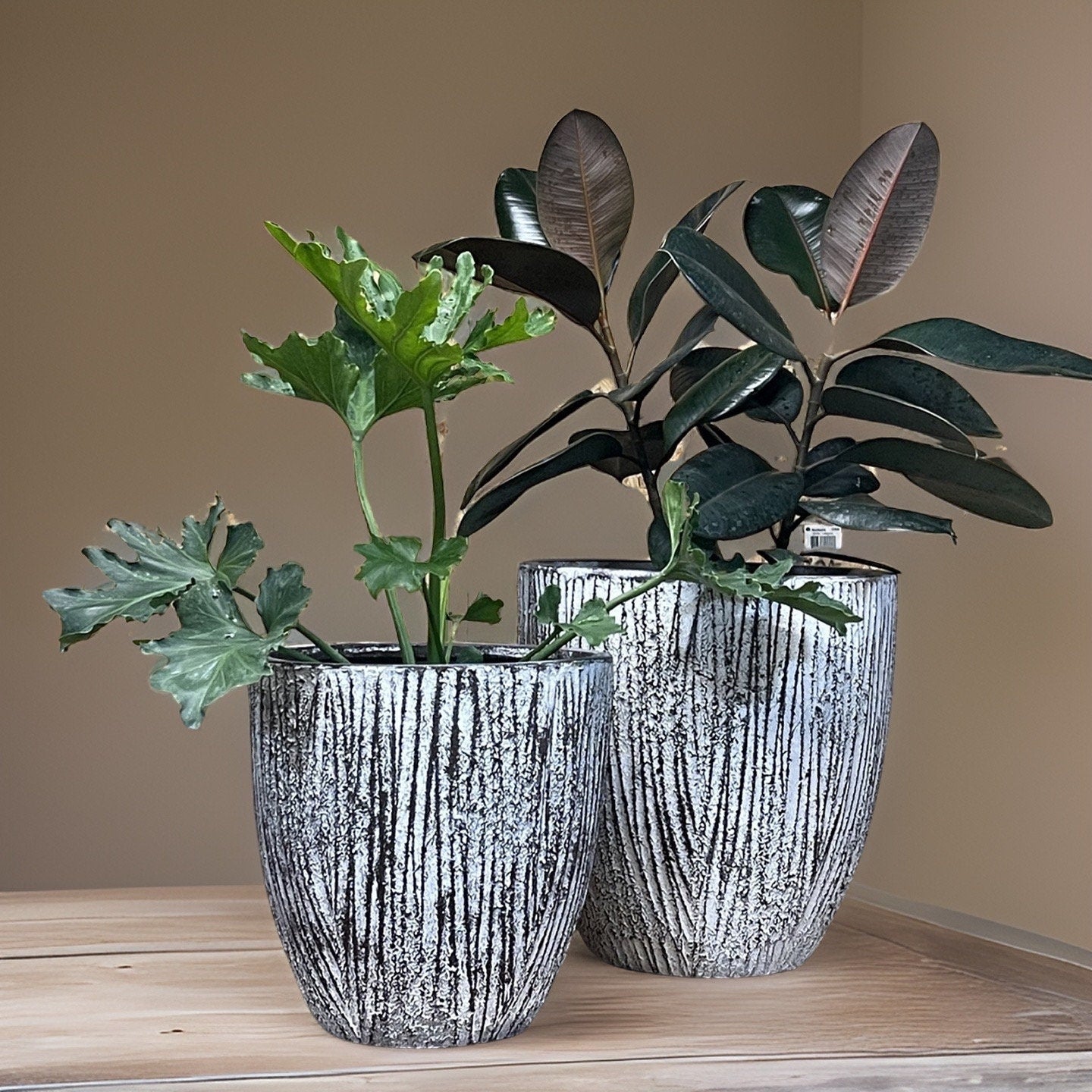 Woodskin Fiberglass Planter: Round Garden Pot, Natural Texture