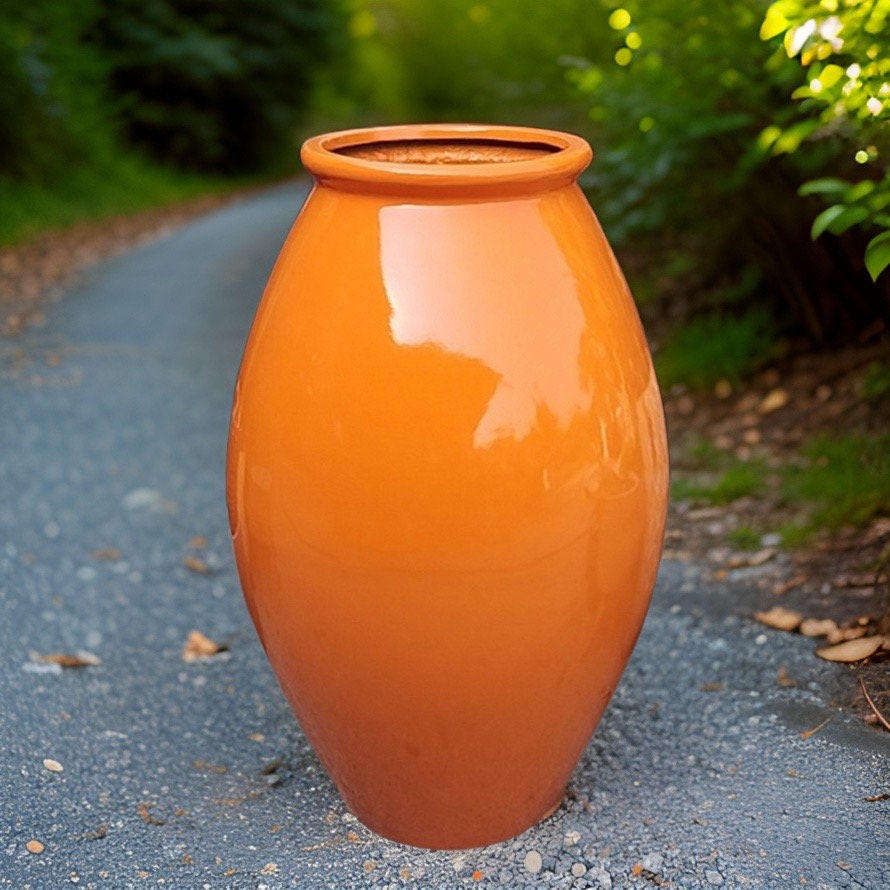 Handmade Glossy Orange Fiberglass Planter: Large Round Jar (35-41 Inches)