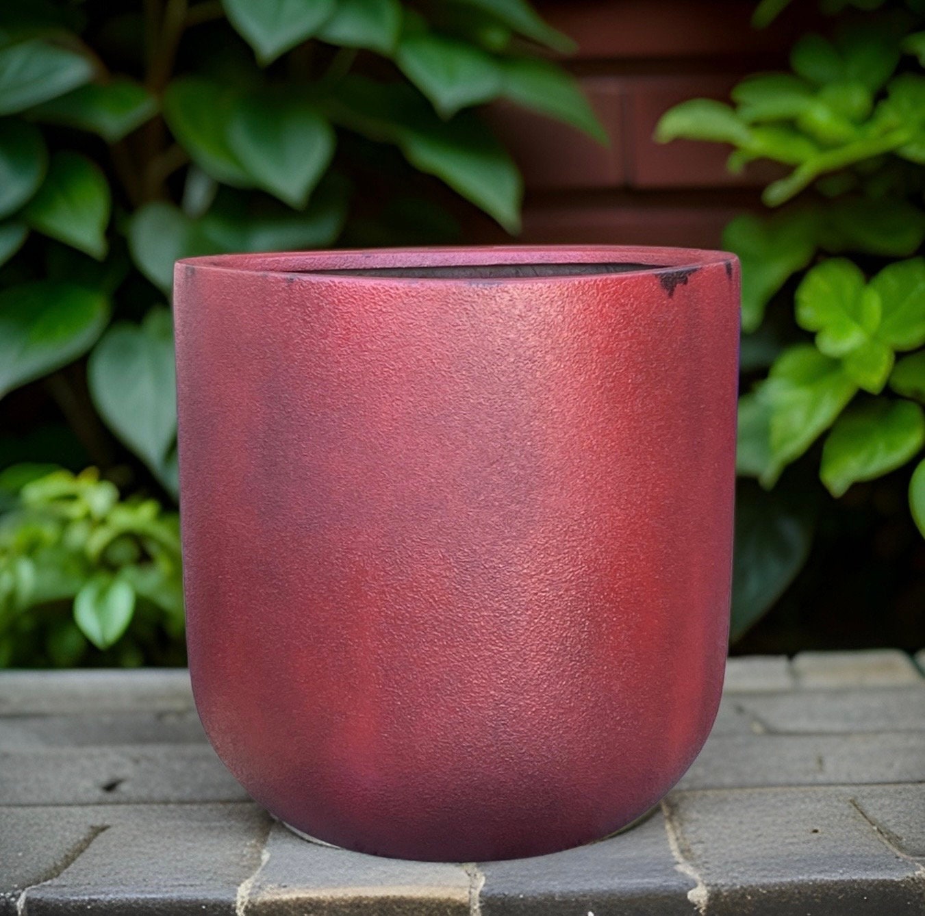 Vintage Red Fiberglass Planter: Round U Pot, Contemporary Garden Decor