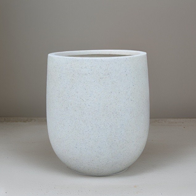 White Stone Terrazzo Fiberglass Planter: Round Egg Shape, 12-21 Inches