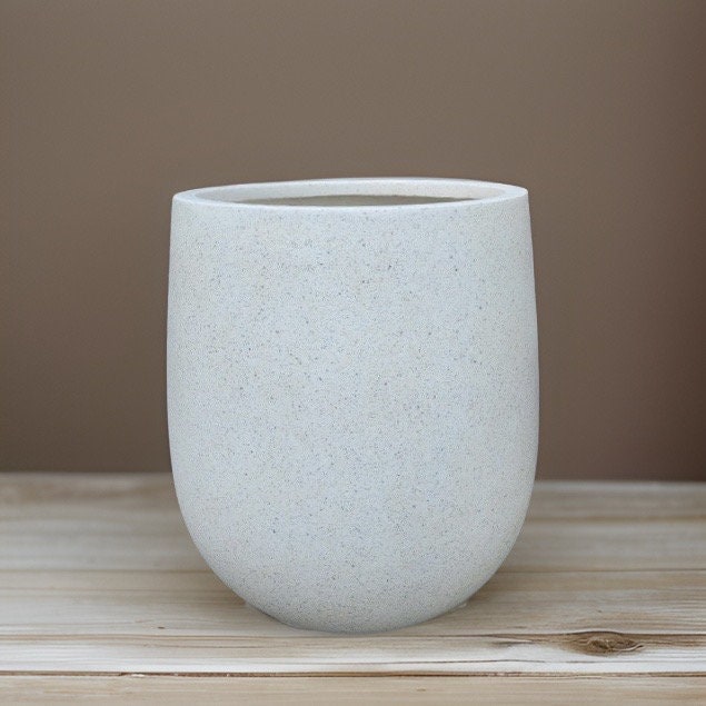 White Stone Terrazzo Fiberglass Planter: Round Egg Shape, 12-21 Inches