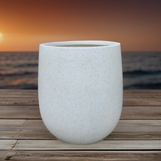 White Stone Terrazzo Fiberglass Planter: Round Egg Shape, 12-21 Inches