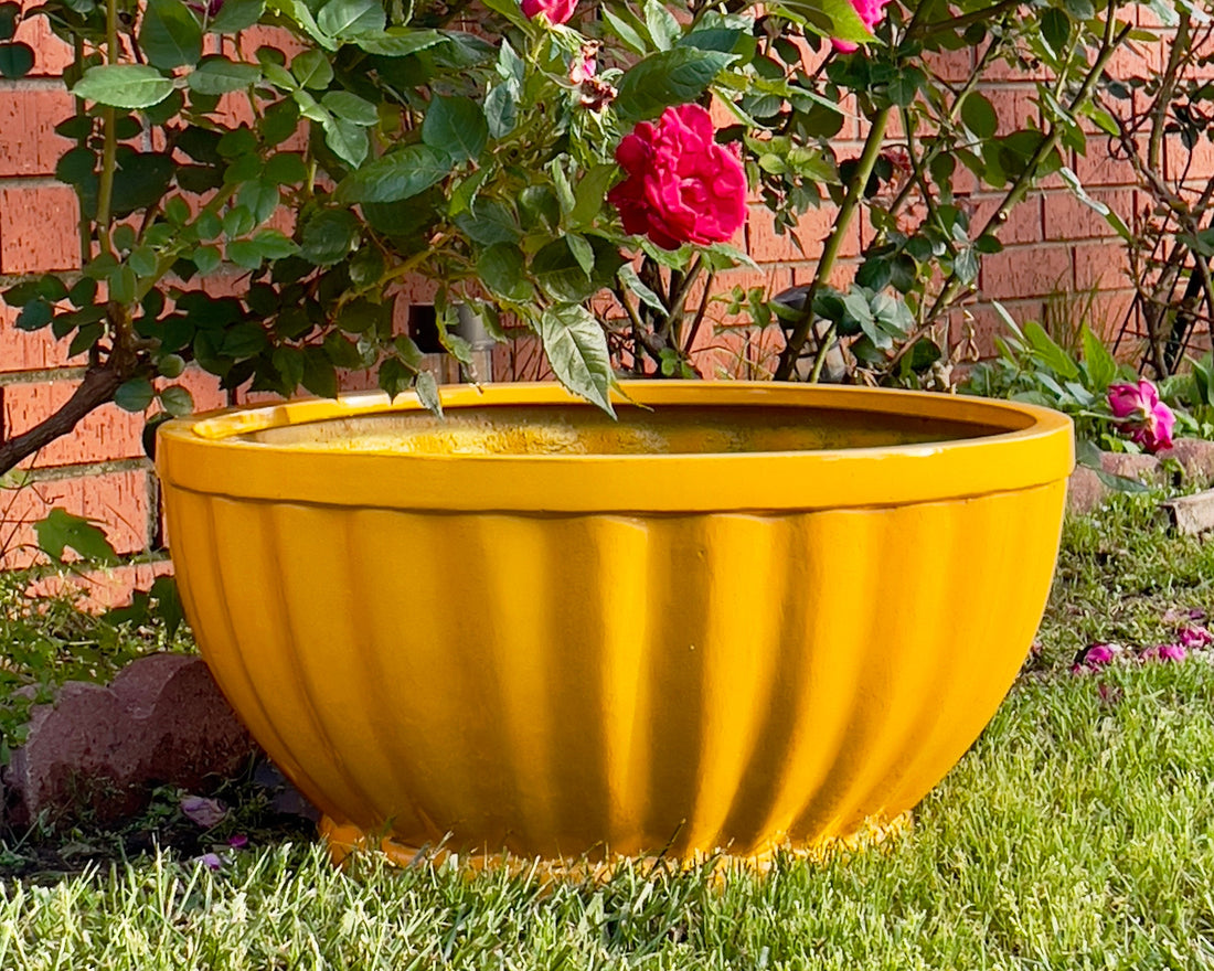 Glossy Yellow Fiberglass Planter: Modern Round Bowl, 22-28 Inches