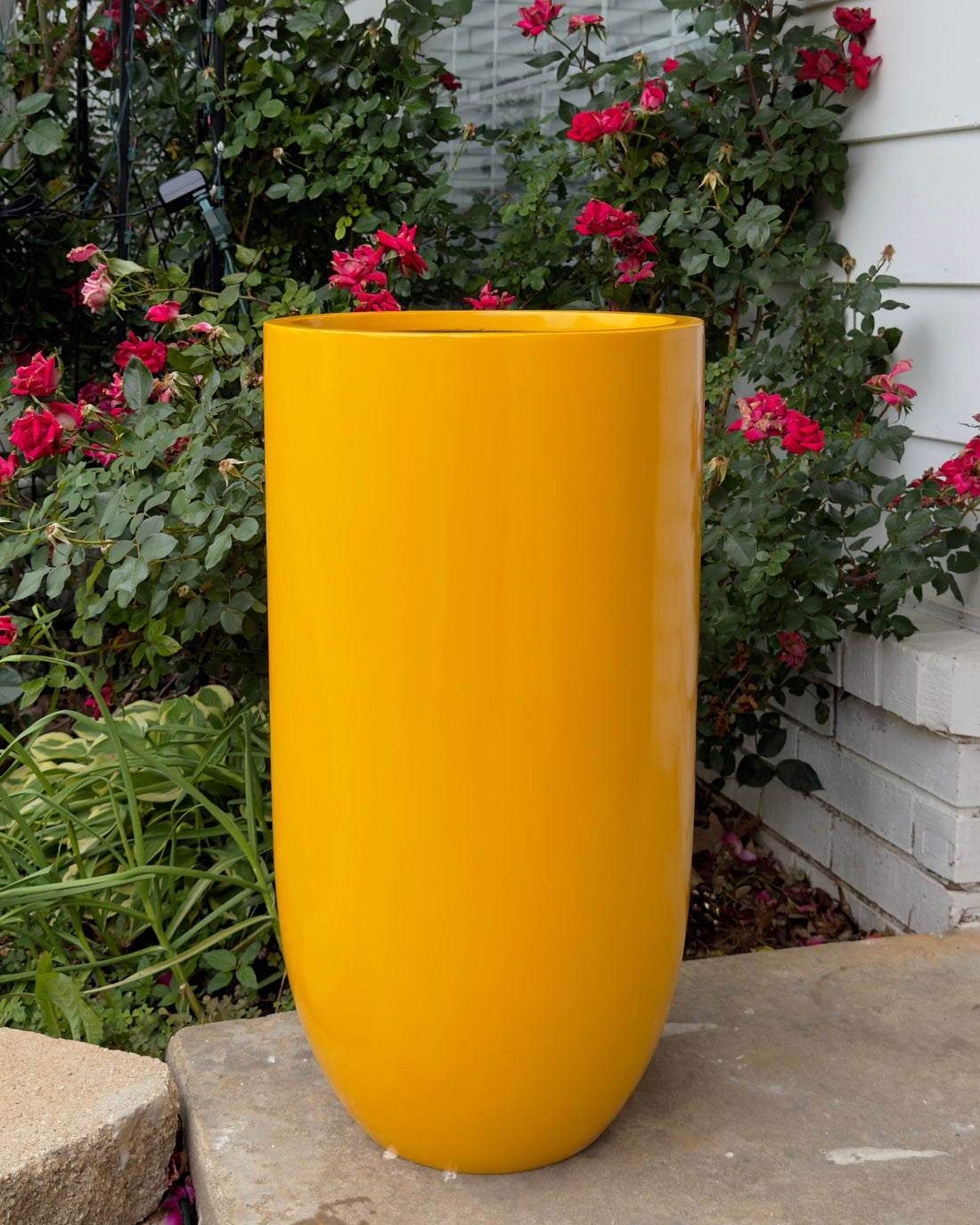Gloss Yellow Fiberglass Planter: Tall Round Home & Garden Decor