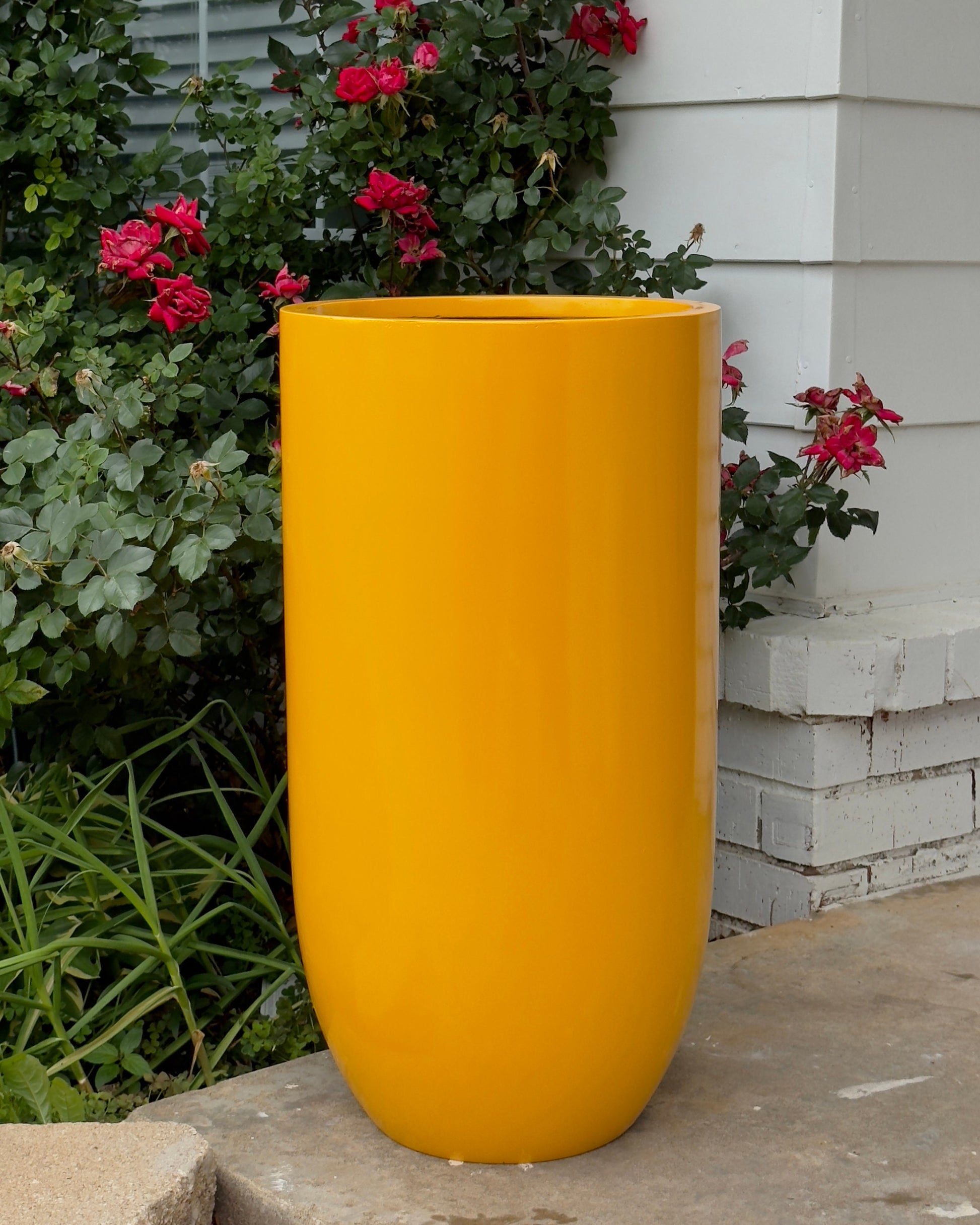 Gloss Yellow Fiberglass Planter: Tall Round Home & Garden Decor