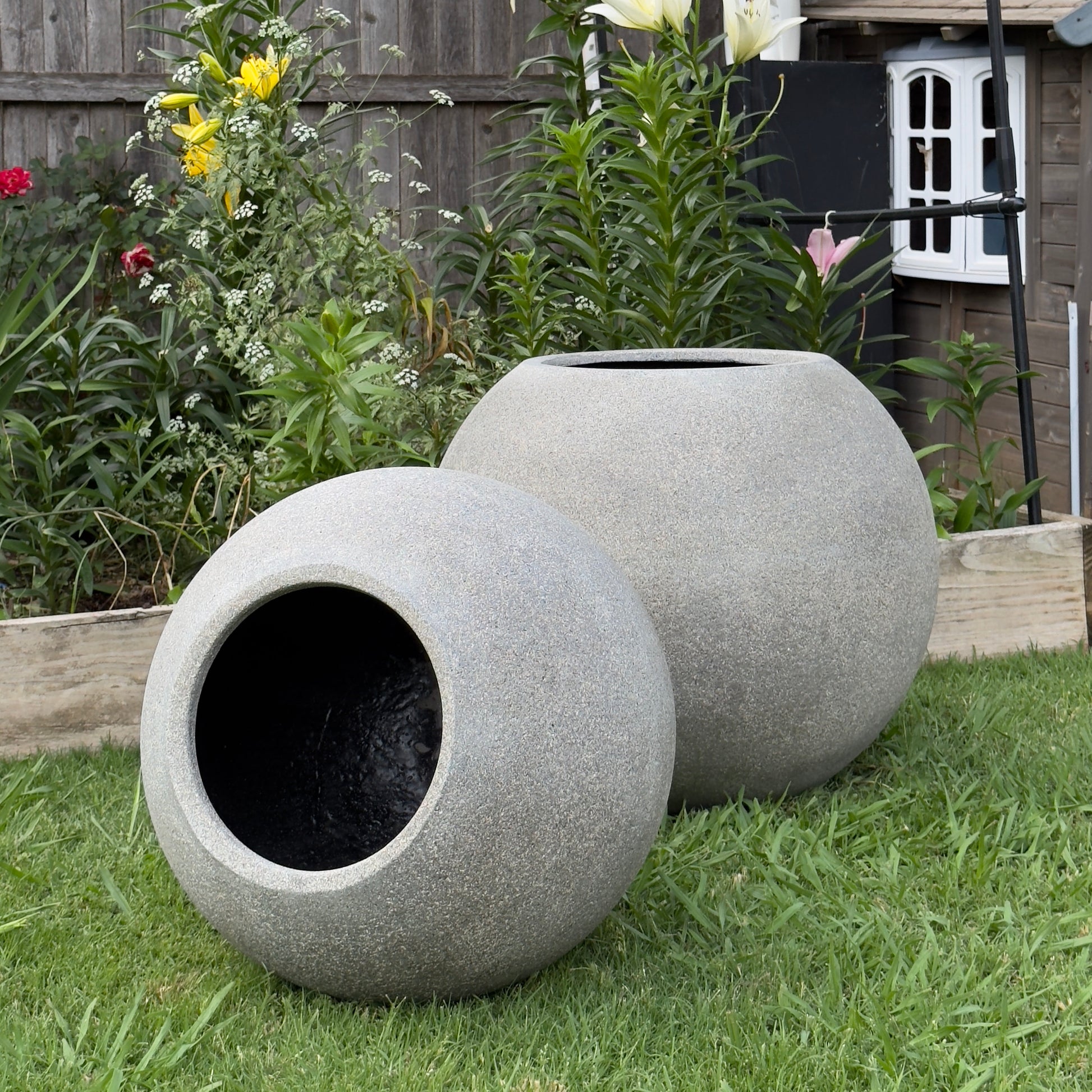 Fiberglass Ball Planter - Stone Gray, Modern Round Garden Pot