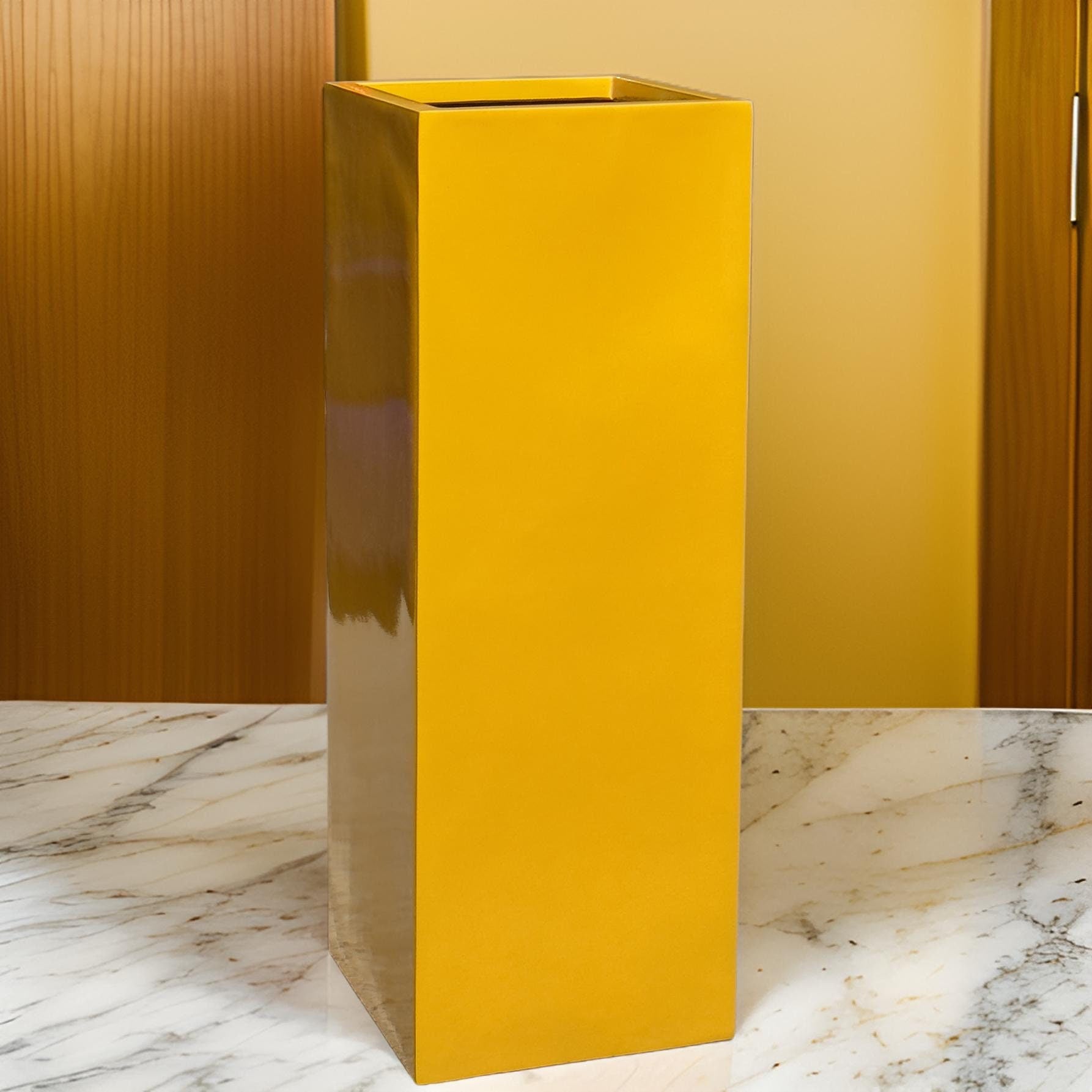 Shiny Yellow Fiberglass Garden Planter: Contemporary Square Plant Pot