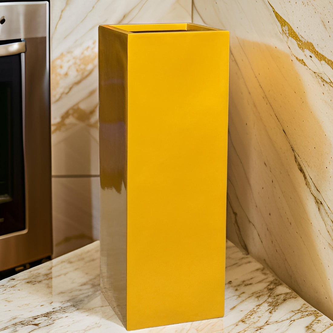Shiny Yellow Fiberglass Garden Planter: Contemporary Square Plant Pot