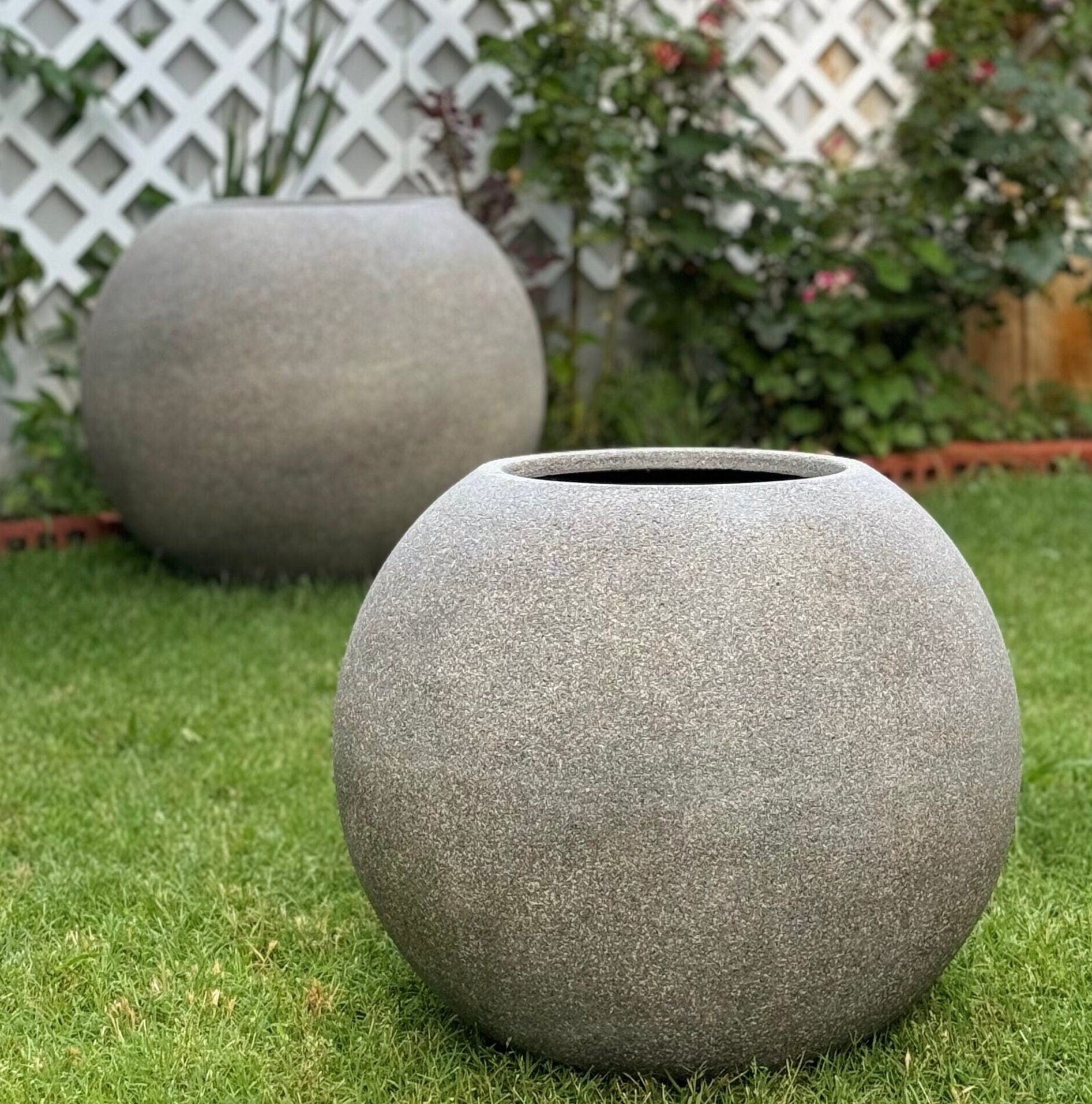 Fiberglass Ball Planter - Stone Gray, Modern Round Garden Pot