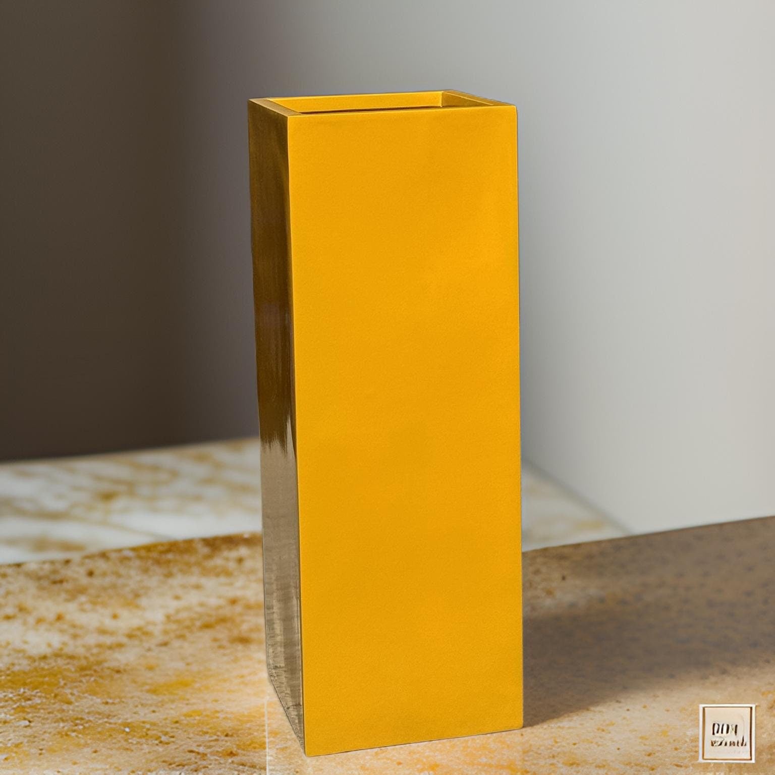 Shiny Yellow Fiberglass Garden Planter: Contemporary Square Plant Pot
