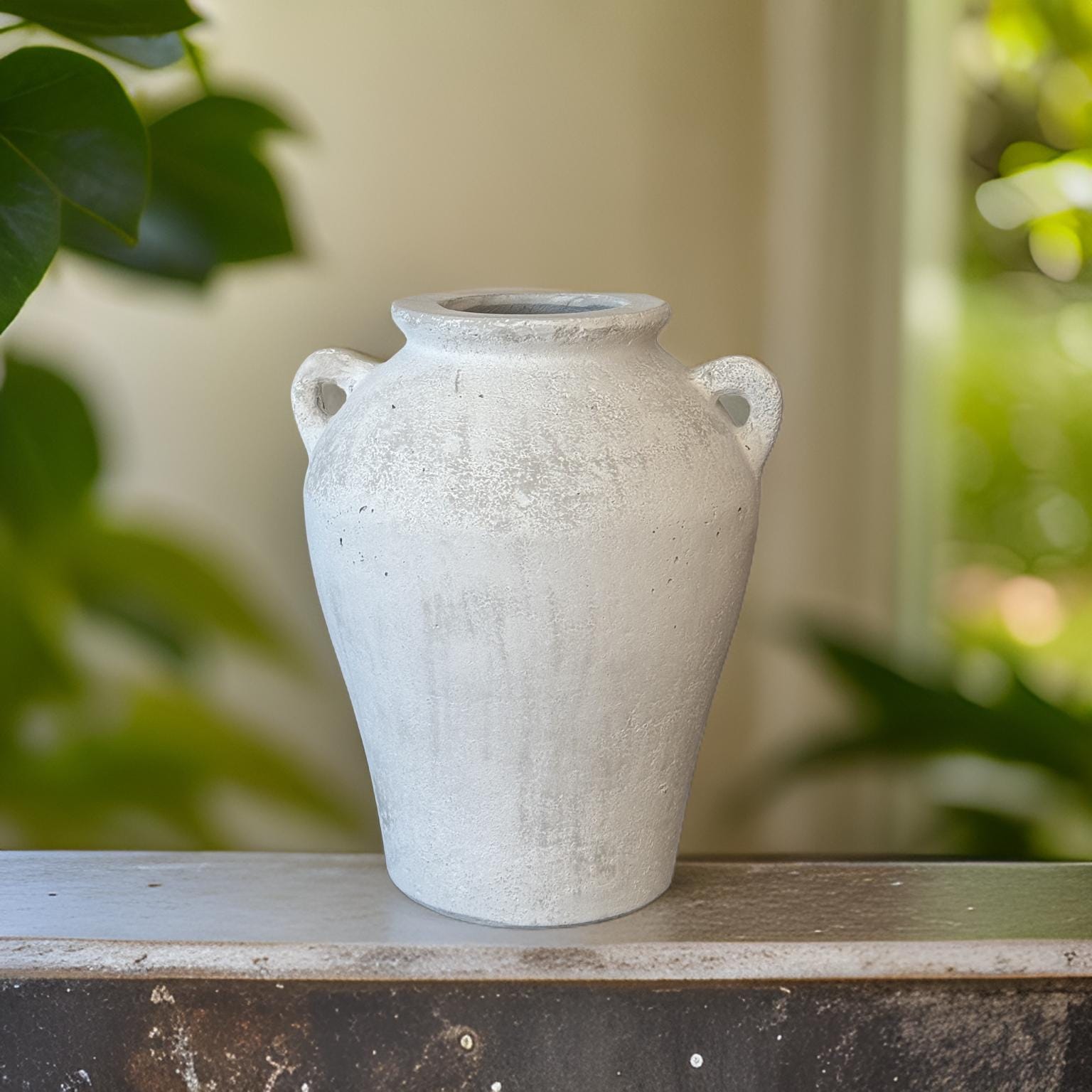 Handmade Concrete Vase with Handles - Antique White Finish (8x8x10 Inches)