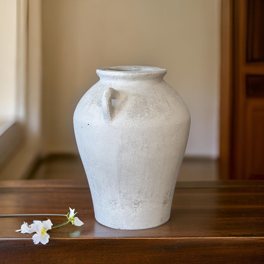 Handmade Concrete Vase with Handles - Antique White Finish (8x8x10 Inches)