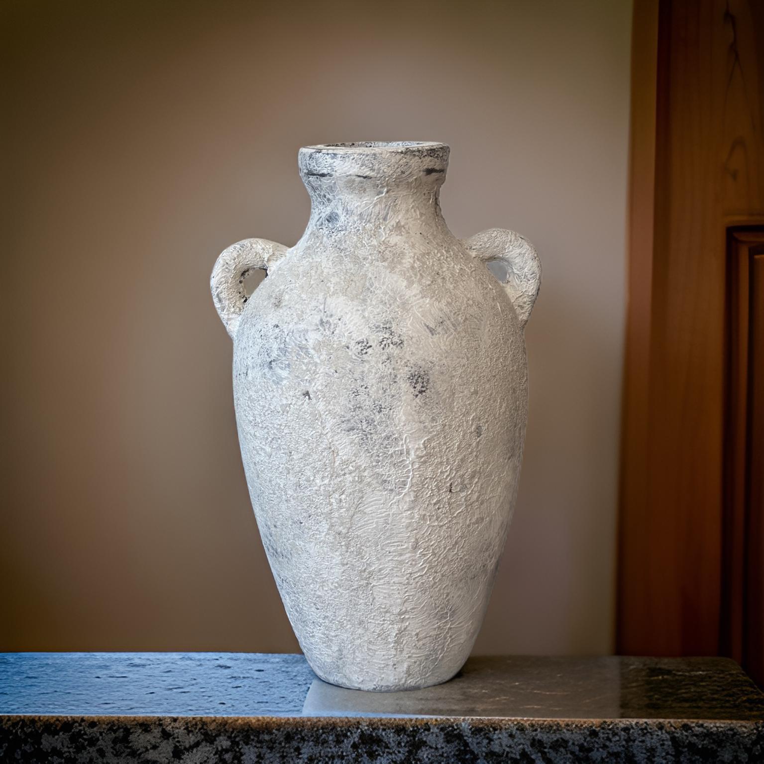 Handmade Concrete Vase with Handles - Antique White Finish (7x7x12 Inches)