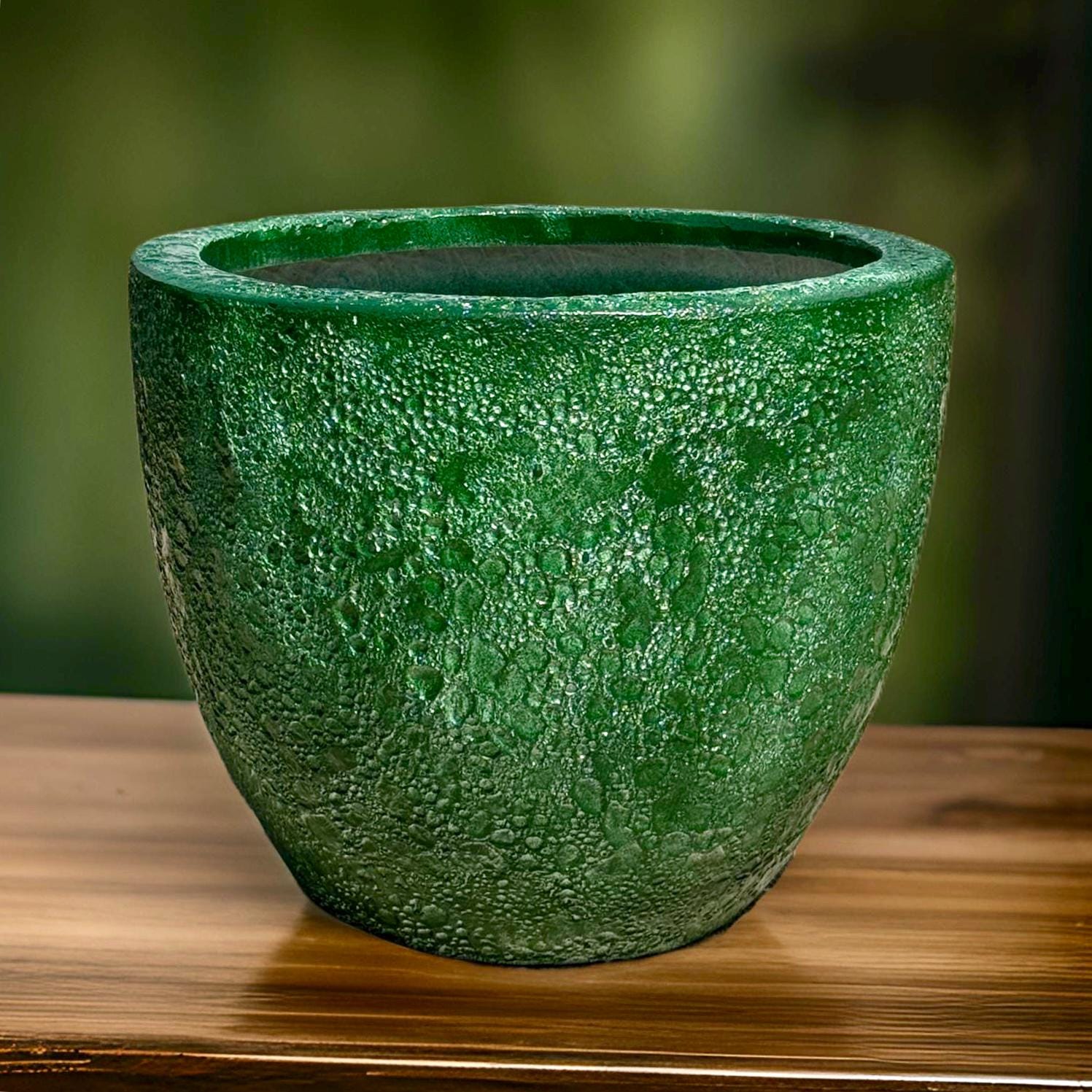 Handmade Green Fiberglass Planter: Moon Surface Round Egg Pot