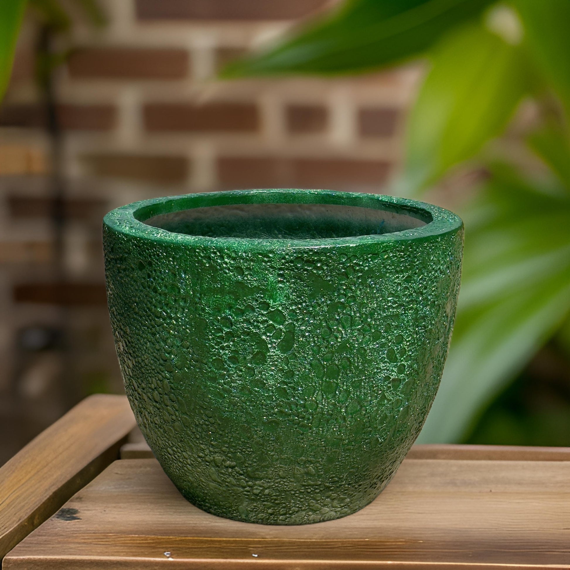 Handmade Green Fiberglass Planter: Moon Surface Round Egg Pot