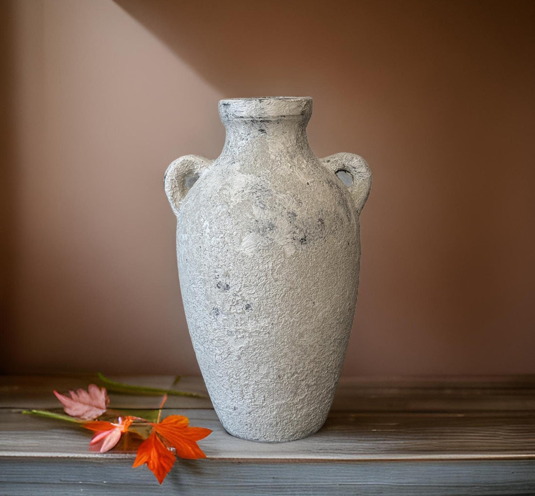 Handmade Concrete Vase with Handles - Antique White Finish (7x7x12 Inches)