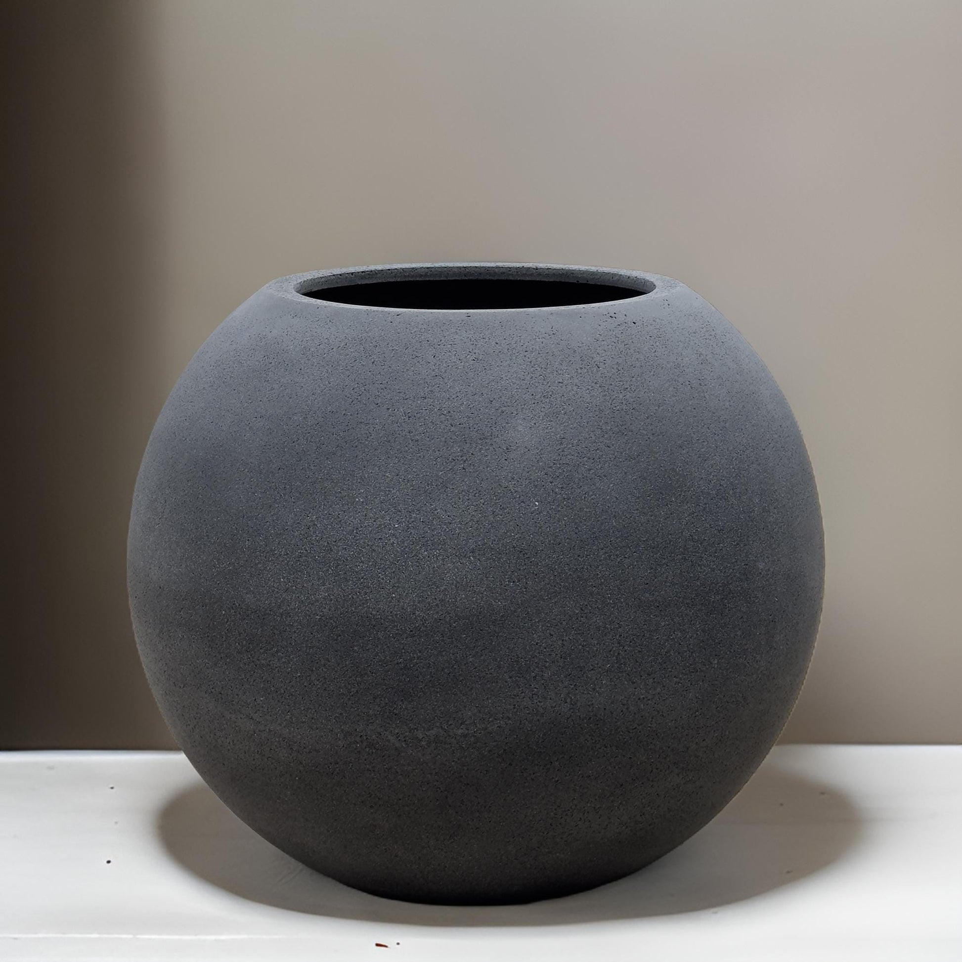 Fiberglass Ball Planter: Dark Stone Finish, Modern Round Plant Pot