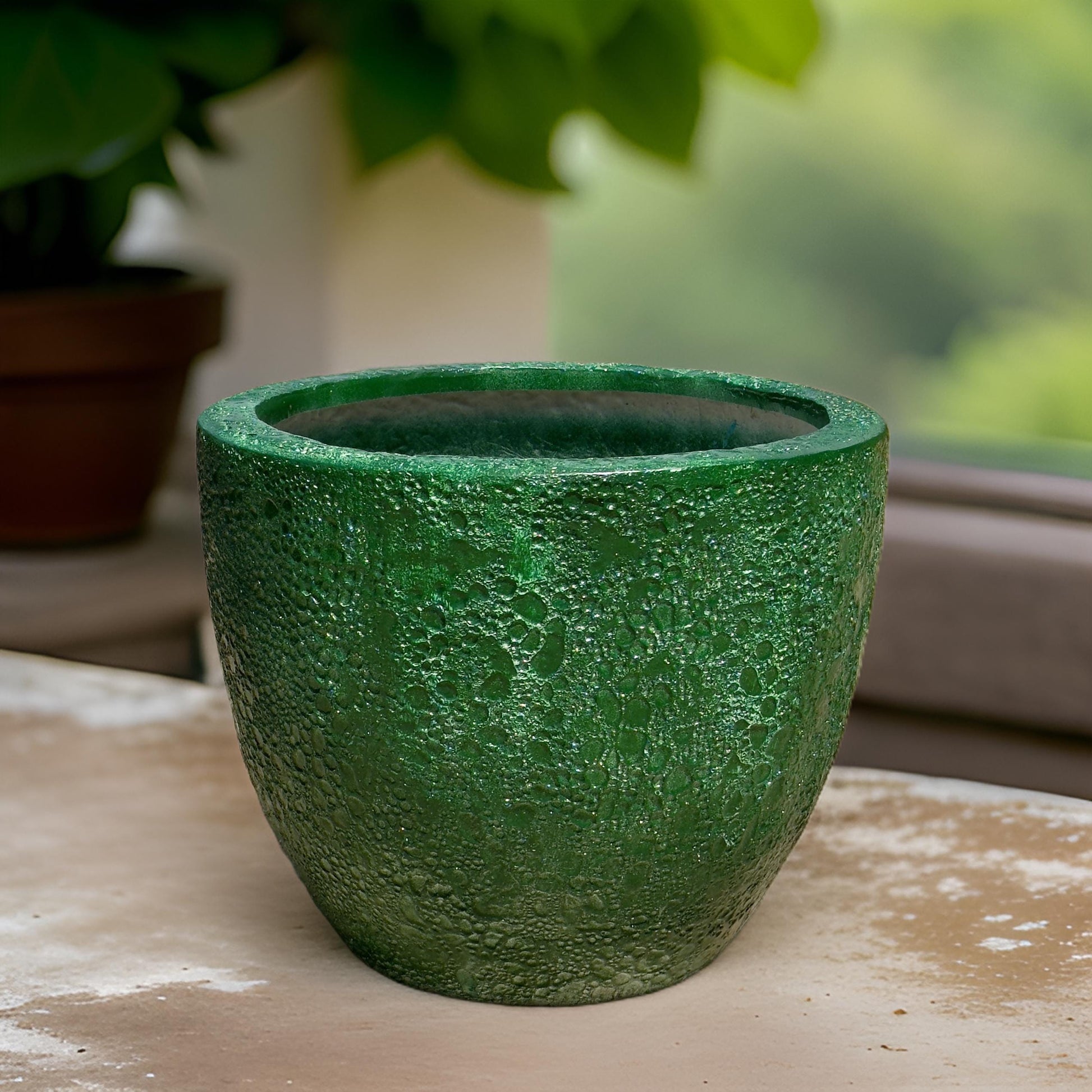 Handmade Green Fiberglass Planter: Moon Surface Round Egg Pot