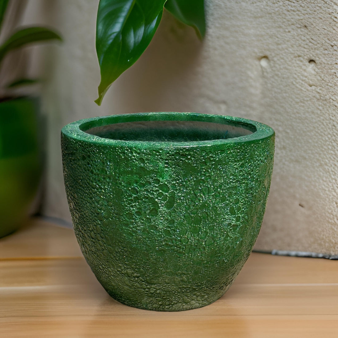 Handmade Green Fiberglass Planter: Moon Surface Round Egg Pot