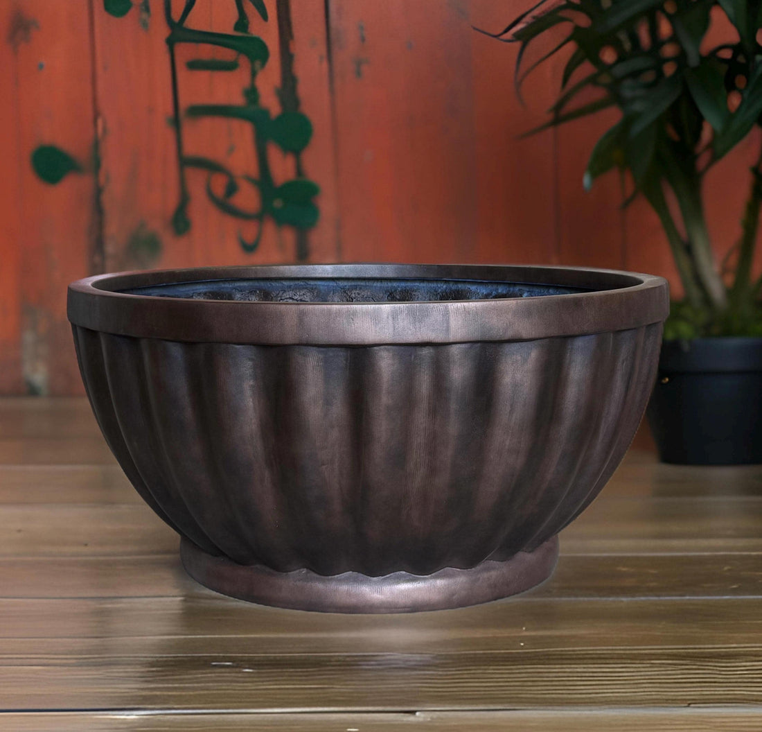 Copper Rust Fiberglass Garden Planter: Contemporary Bowl, 22-28 Inches