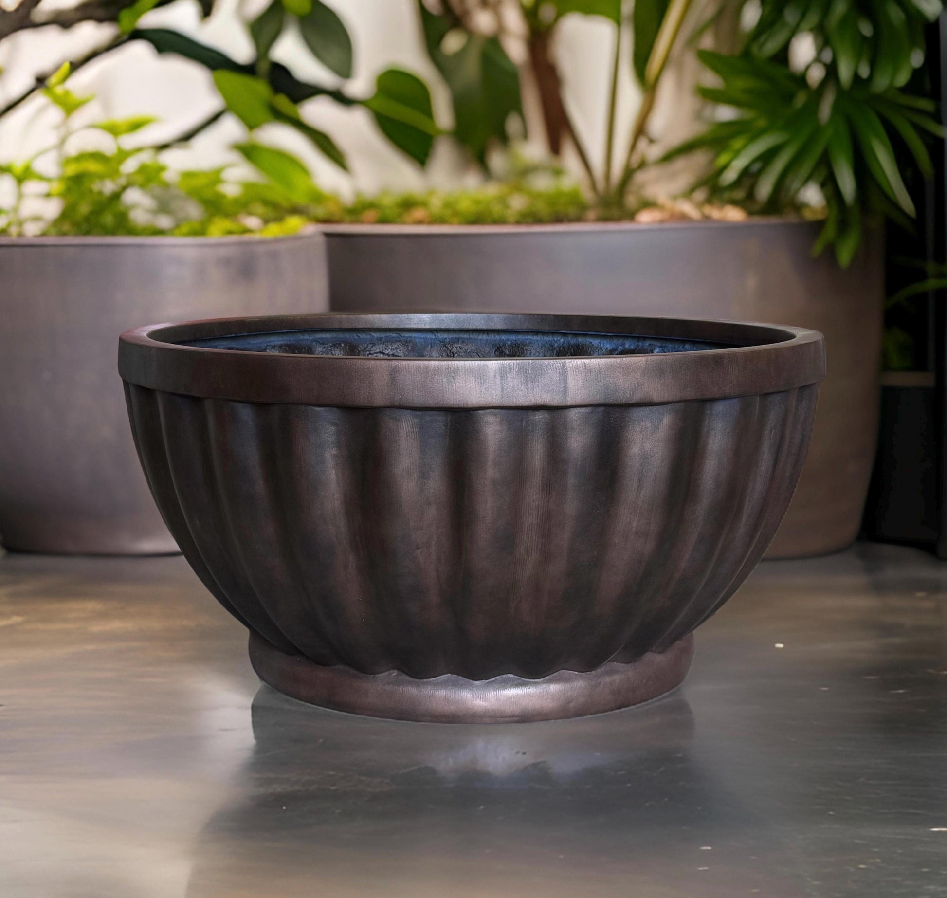 Copper Rust Fiberglass Garden Planter: Contemporary Bowl, 22-28 Inches